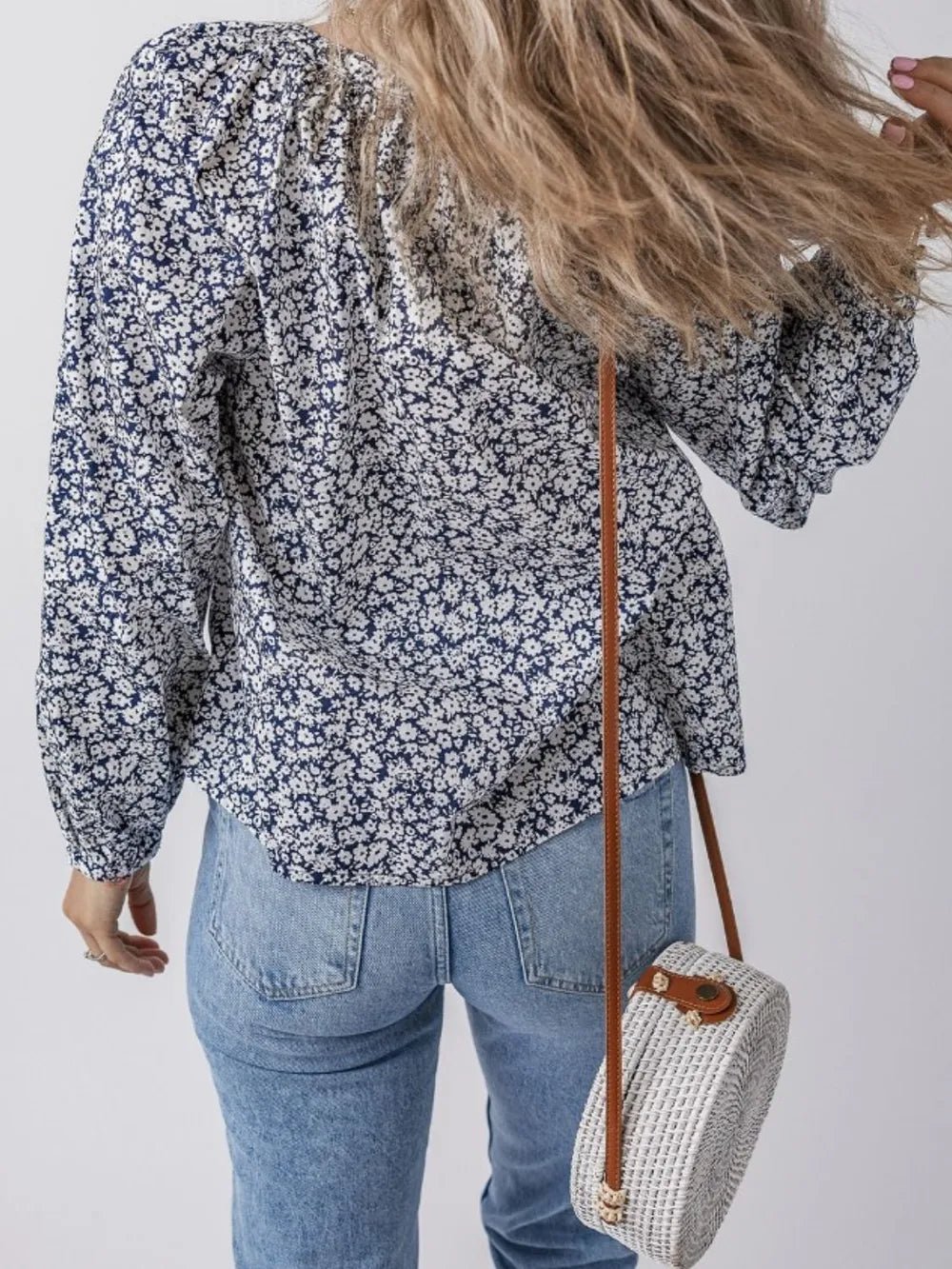 Floral Print Notched Long Sleeve Blouse - MAD RUFFI