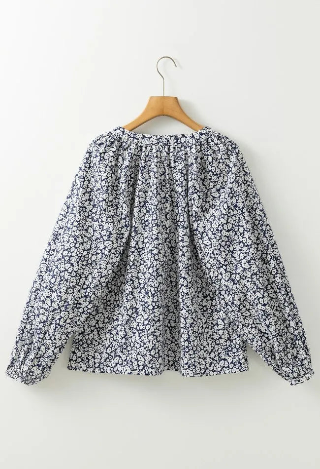 Floral Print Notched Long Sleeve Blouse - MAD RUFFI