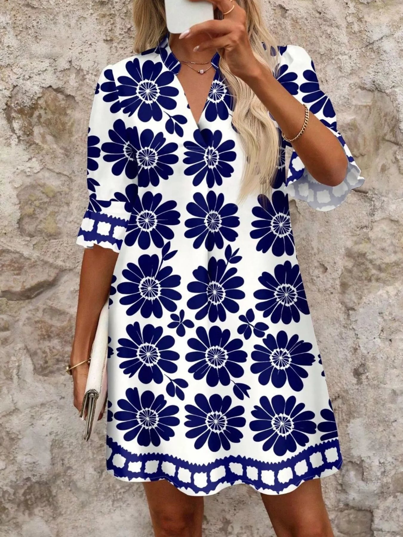 Floral Print Notched Ruffle Sleeve Mini Dress - MAD RUFFI