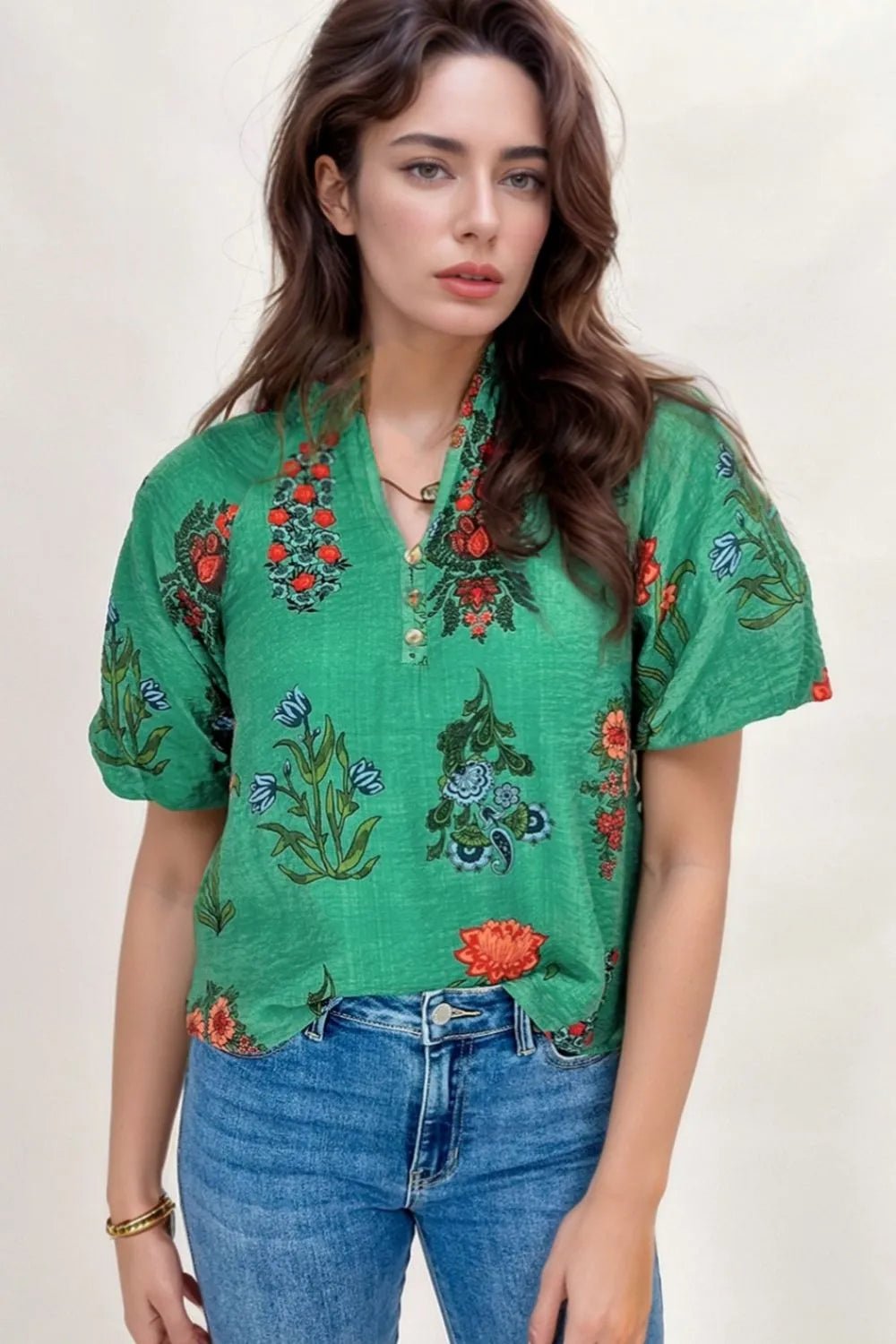 Floral Print Notched Short Sleeve Blouse - MAD RUFFI