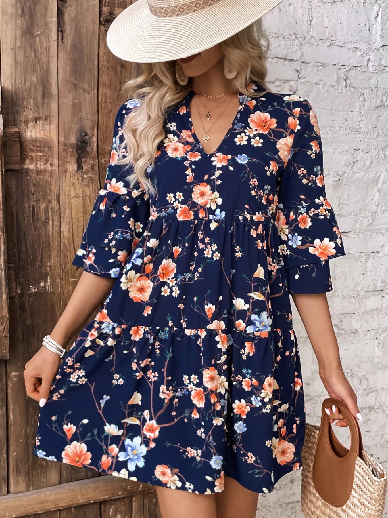Floral Print Ruffle Sleeve Tiered Mini Dress - MAD RUFFI