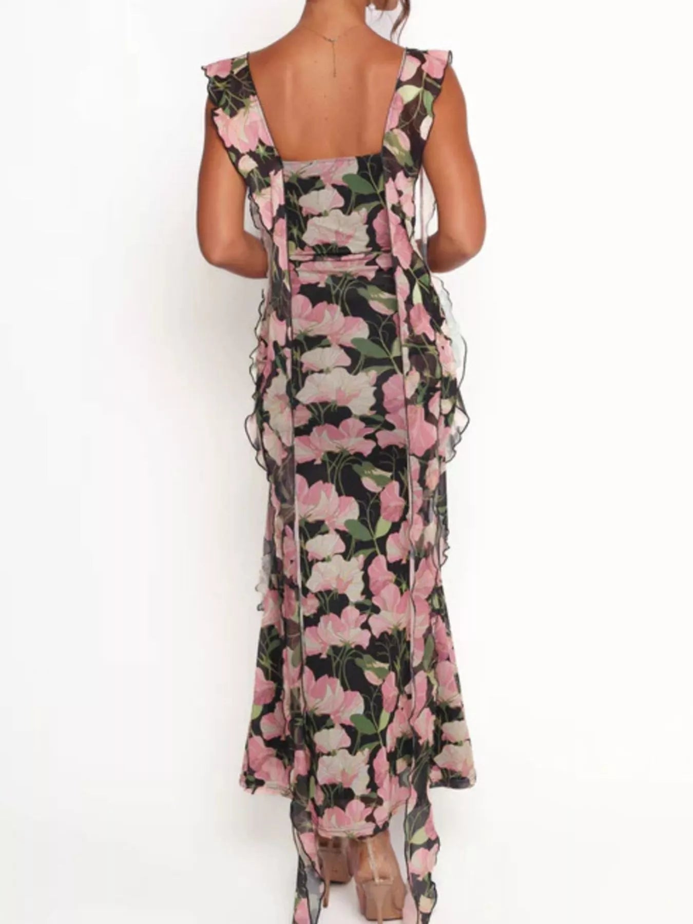 Floral Print Ruffle Trim Bodycon Maxi Dress - MAD RUFFI