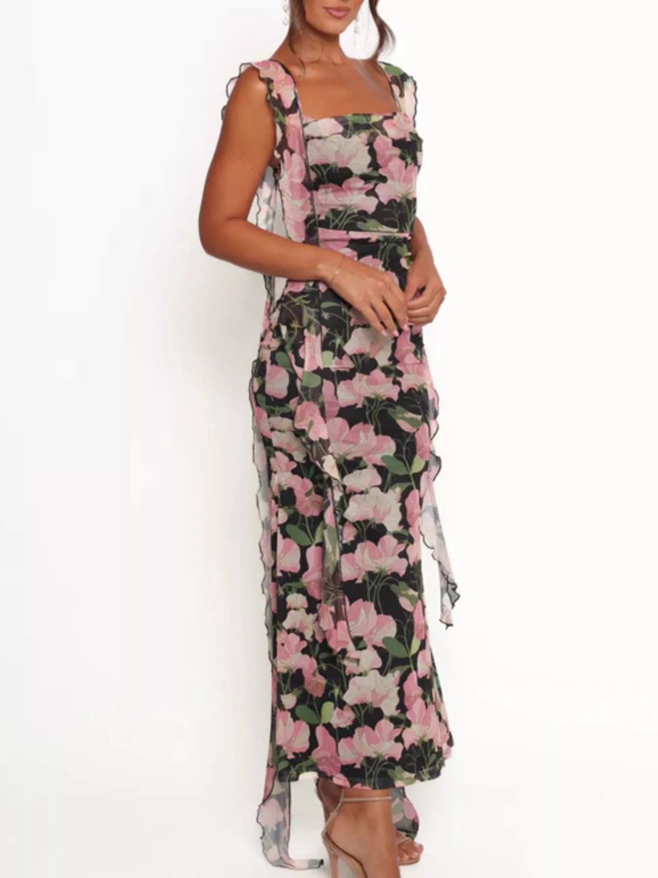 Floral Print Ruffle Trim Bodycon Maxi Dress - MAD RUFFI