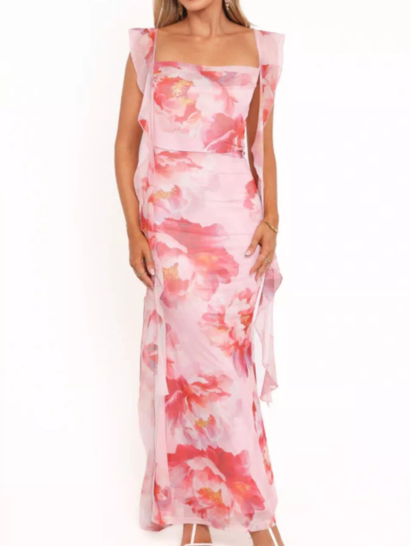 Floral Print Ruffle Trim Bodycon Maxi Dress - MAD RUFFI