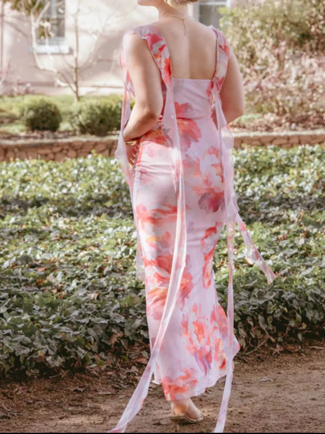 Floral Print Ruffle Trim Bodycon Maxi Dress - MAD RUFFI