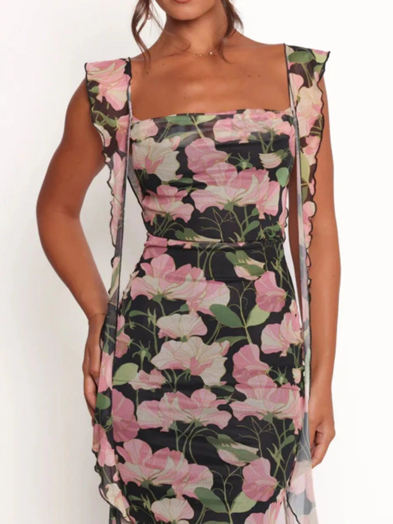 Floral Print Ruffle Trim Bodycon Maxi Dress - MAD RUFFI