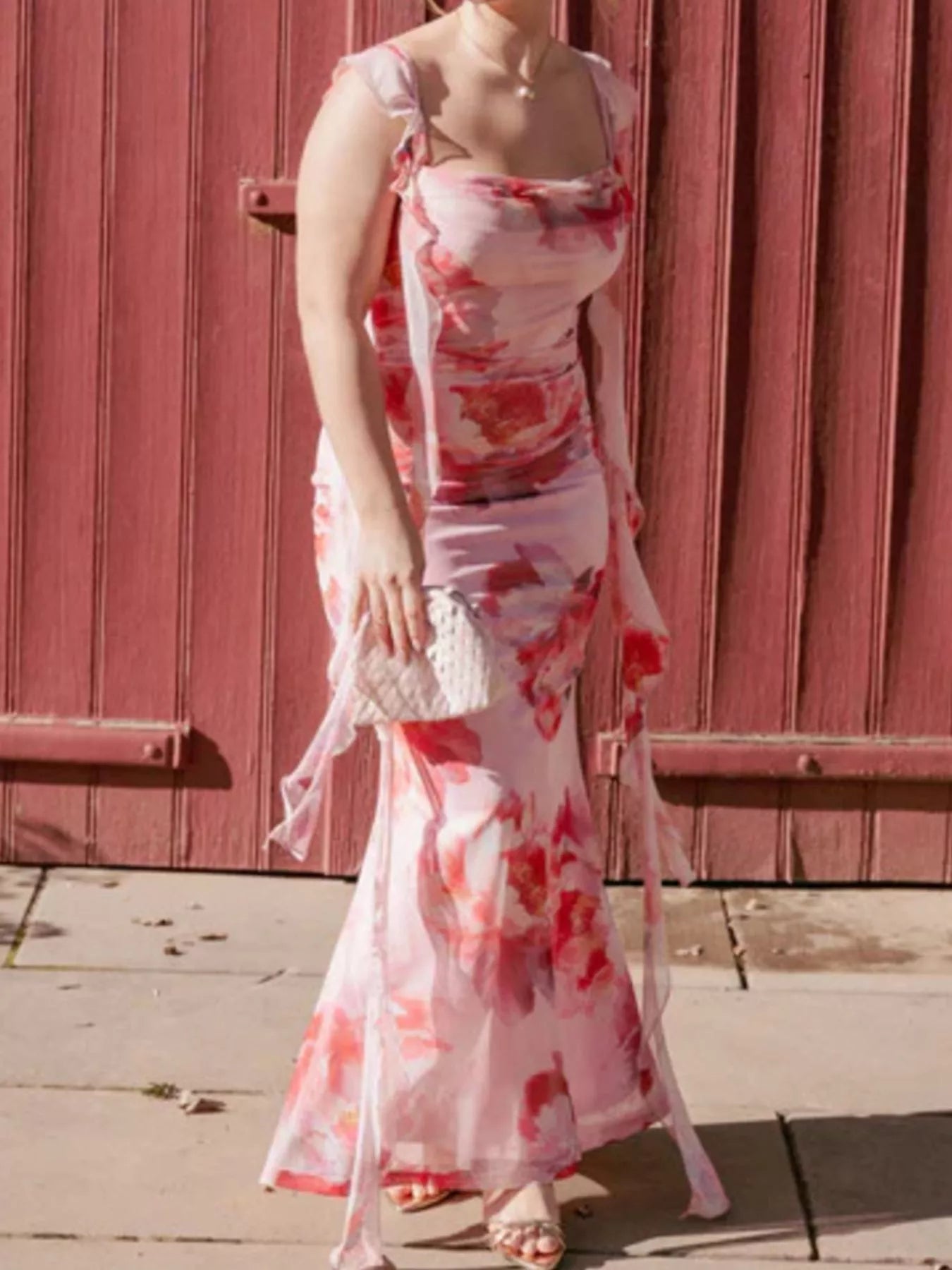 Floral Print Ruffle Trim Bodycon Maxi Dress - MAD RUFFI