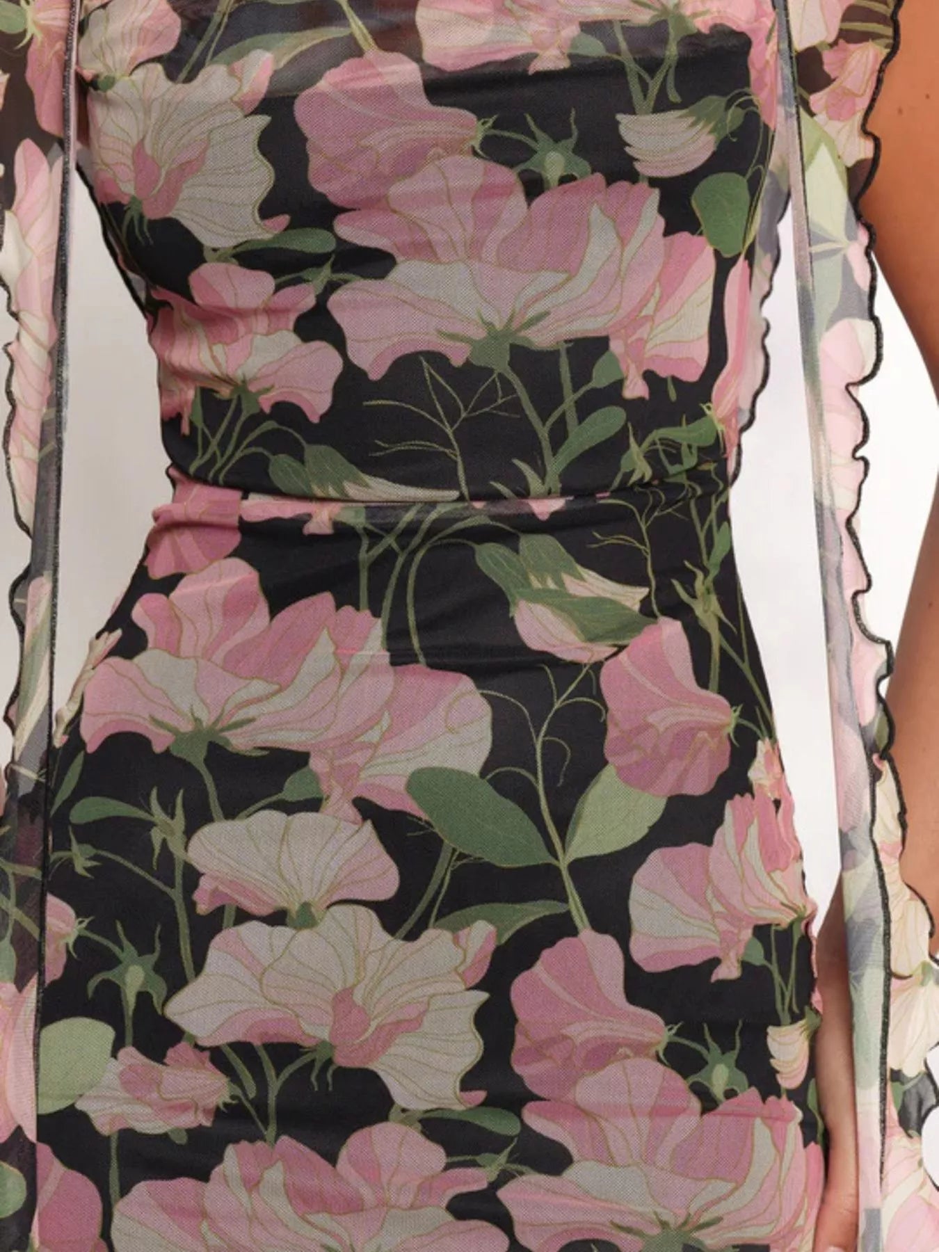 Floral Print Ruffle Trim Bodycon Maxi Dress - MAD RUFFI