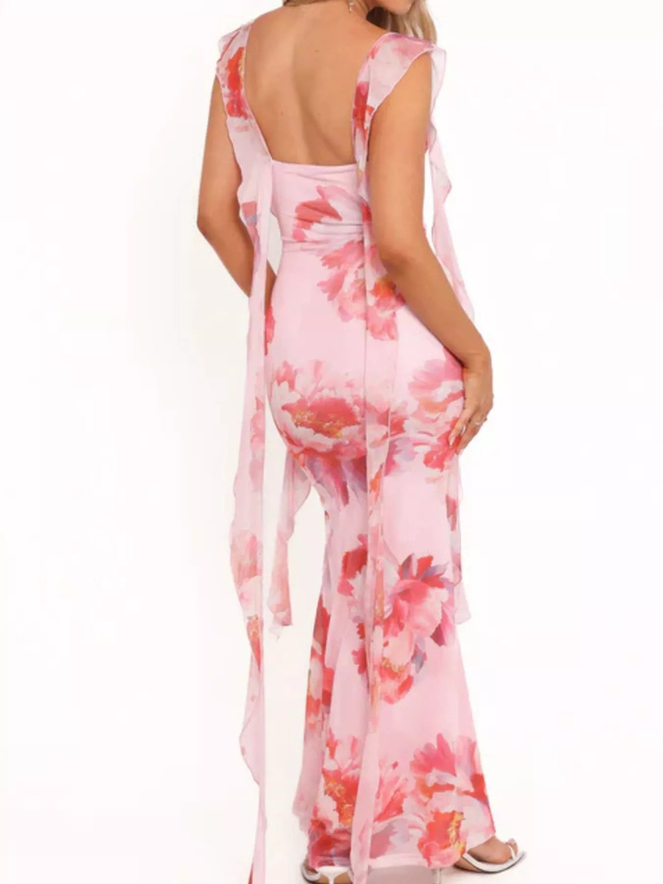 Floral Print Ruffle Trim Bodycon Maxi Dress - MAD RUFFI