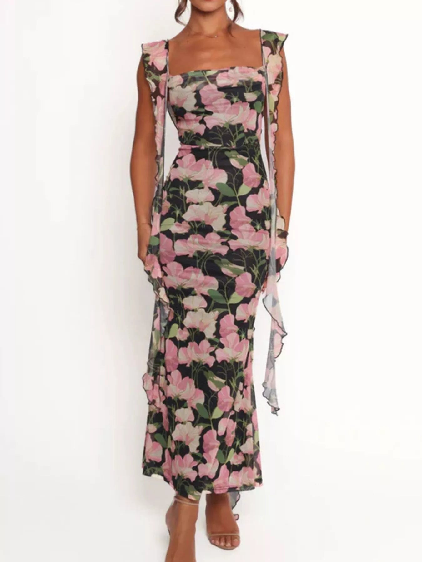 Floral Print Ruffle Trim Bodycon Maxi Dress - MAD RUFFI