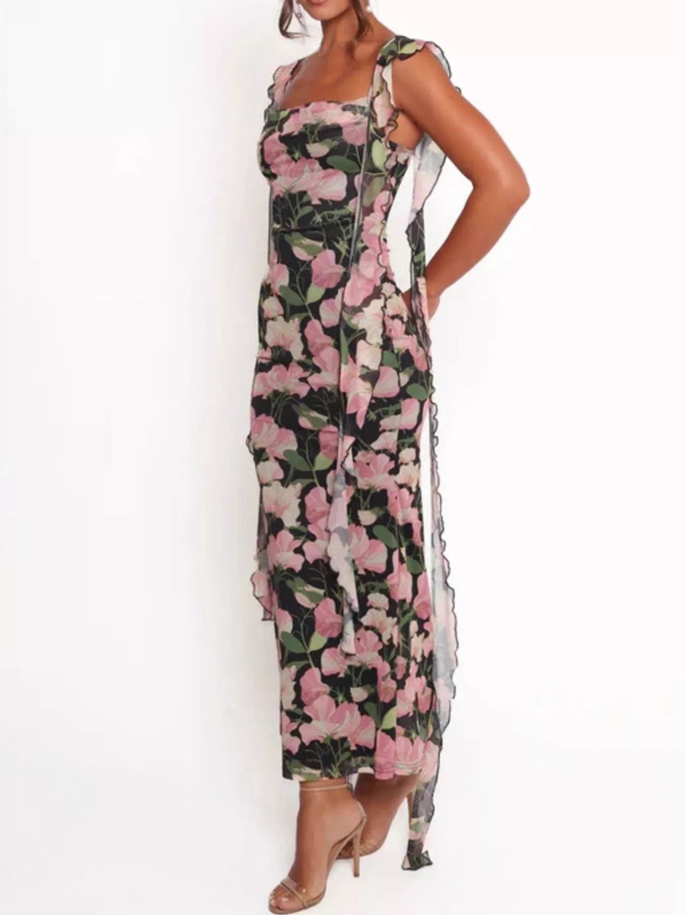 Floral Print Ruffle Trim Bodycon Maxi Dress - MAD RUFFI