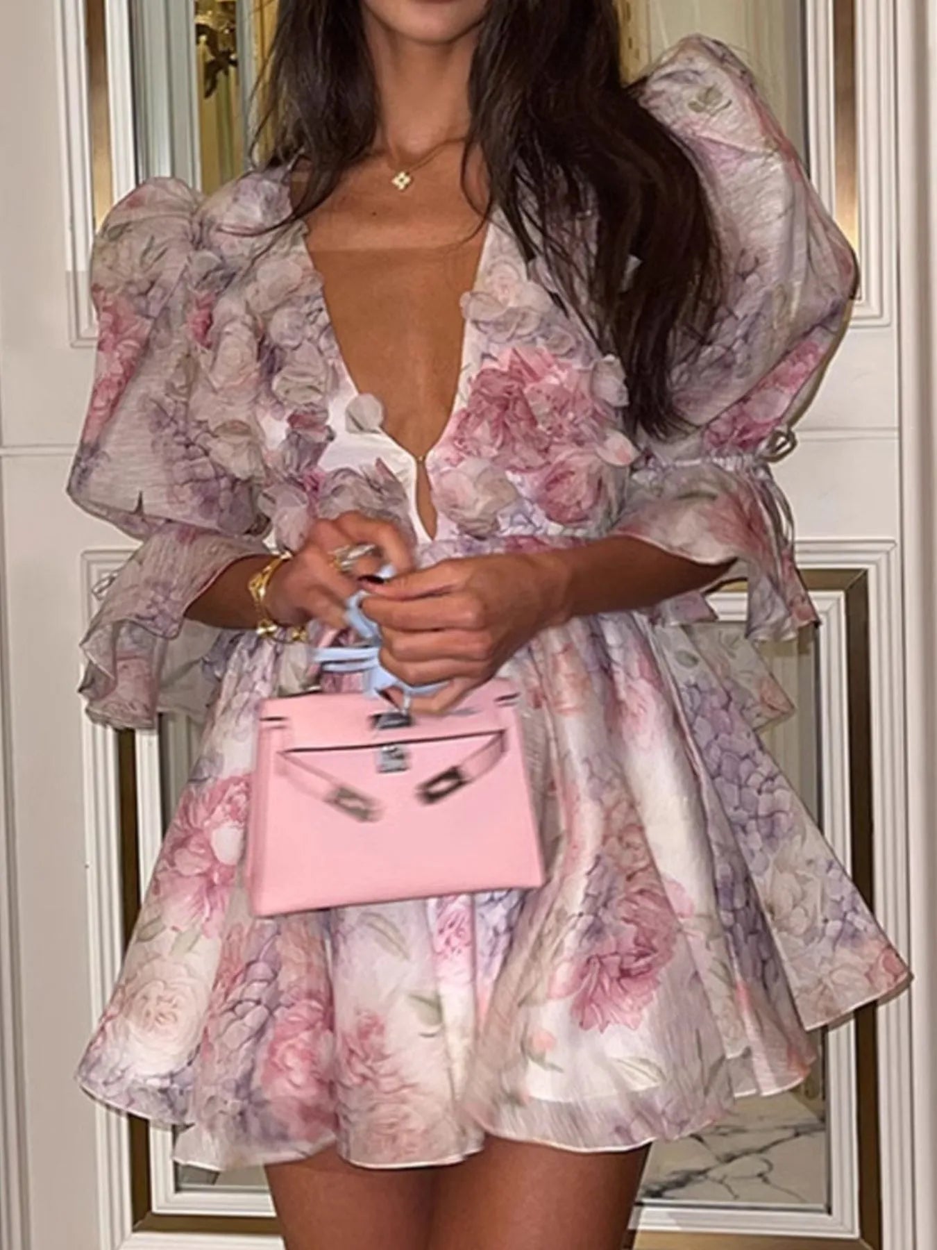 Floral Print Ruffled Mini Dress with Deep V - Neck - MAD RUFFI