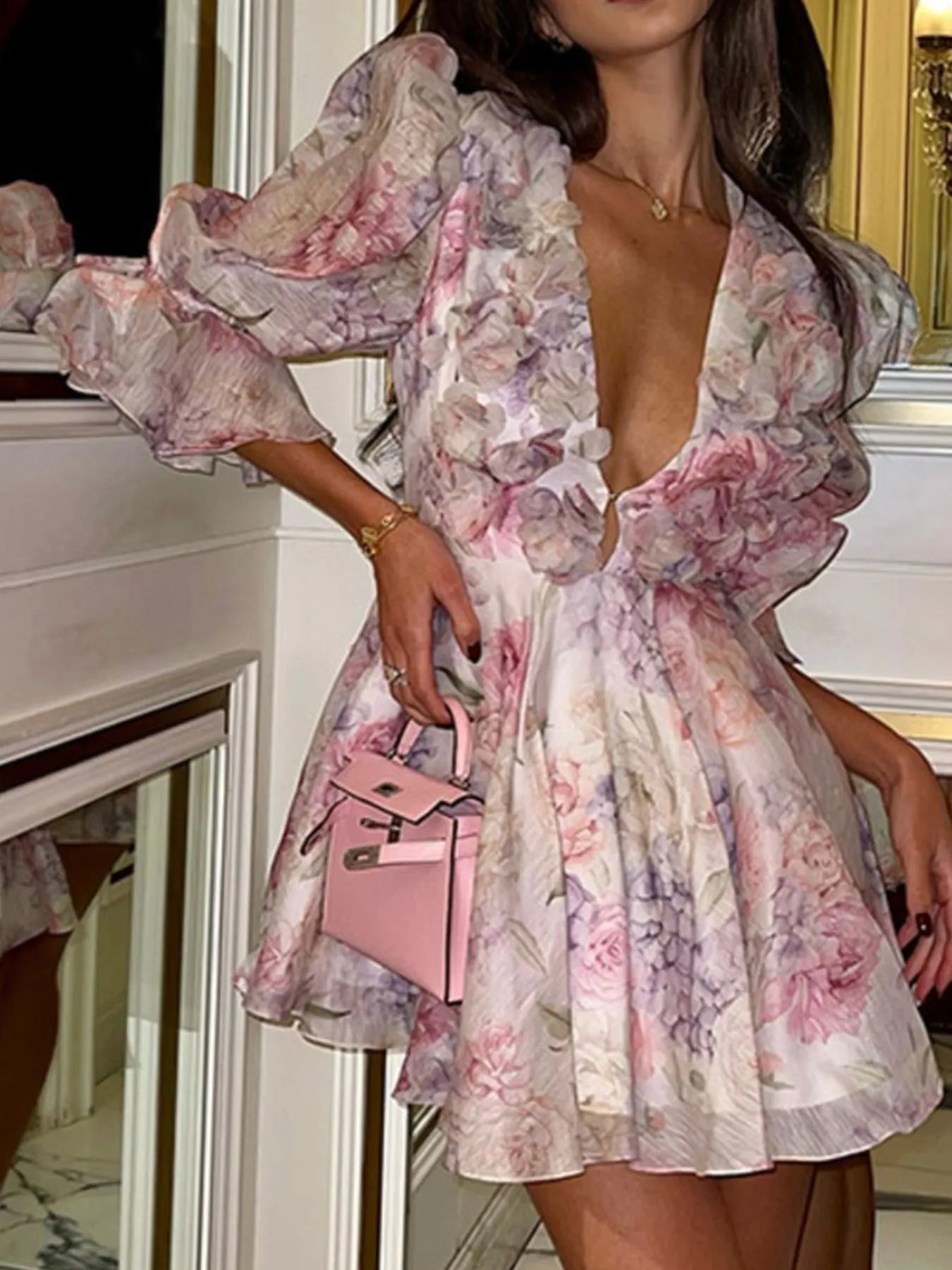 Floral Print Ruffled Mini Dress with Deep V - Neck - MAD RUFFI