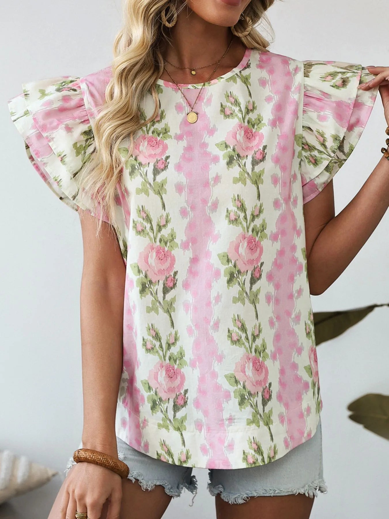 Floral Print Ruffled Sleeve Blouse - MAD RUFFI