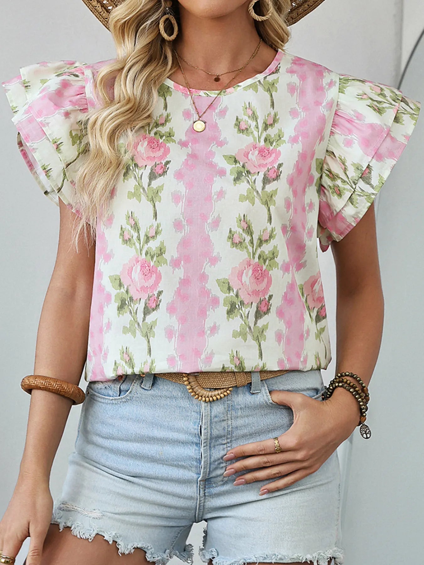 Floral Print Ruffled Sleeve Blouse - MAD RUFFI