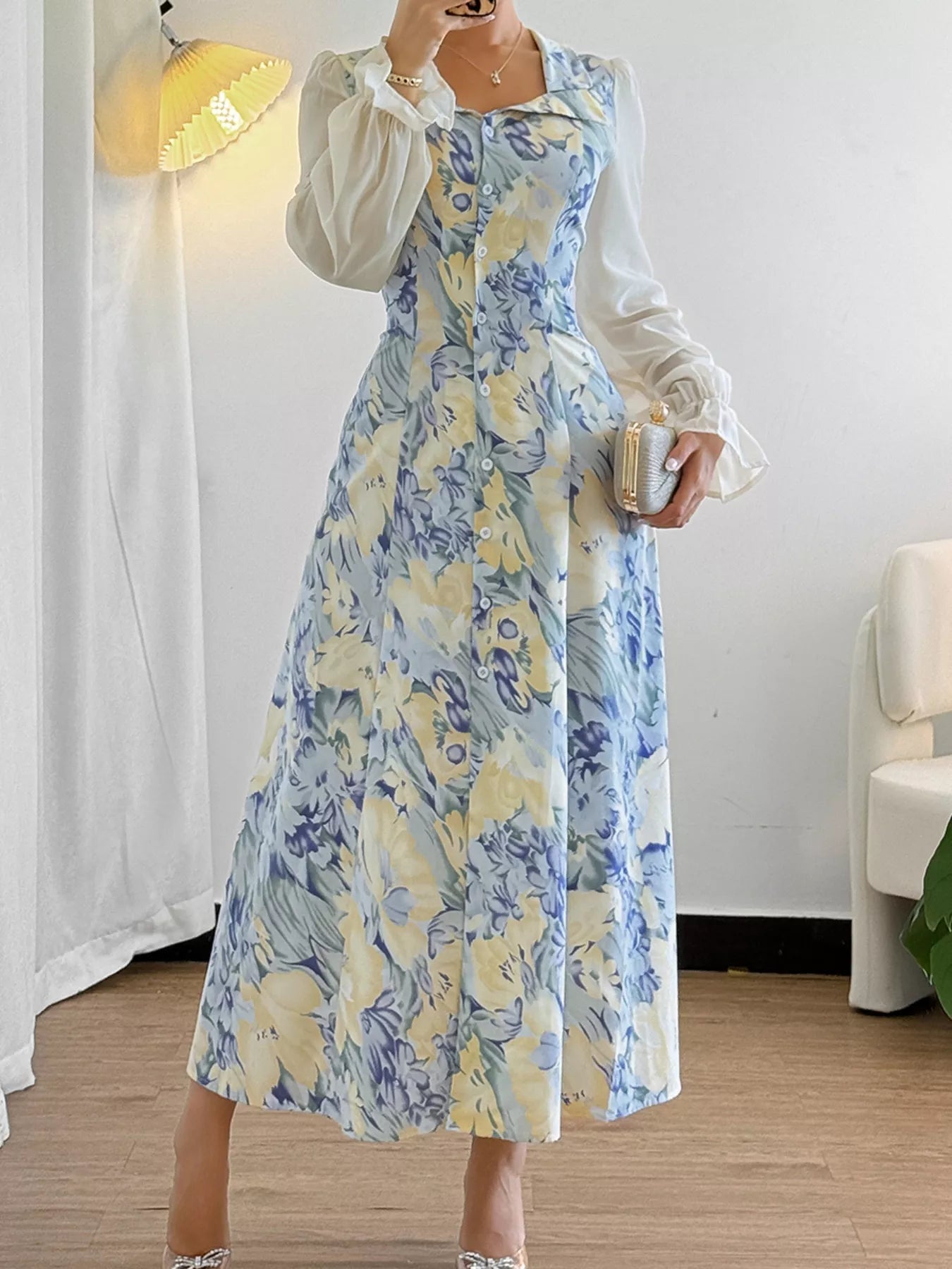 Floral Print Sheer Flounce Sleeves Dress - MAD RUFFI