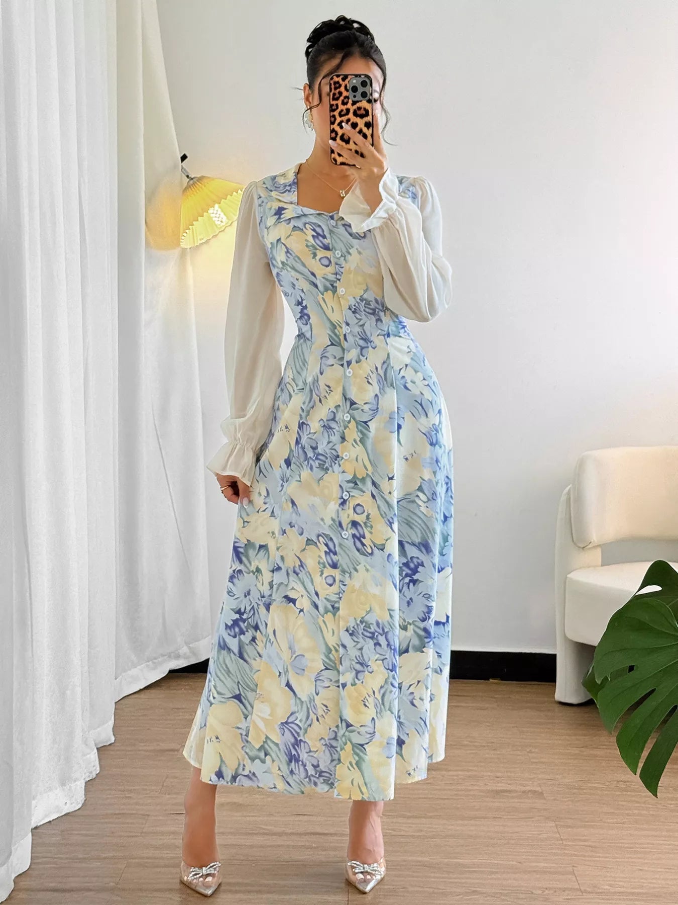 Floral Print Sheer Flounce Sleeves Dress - MAD RUFFI