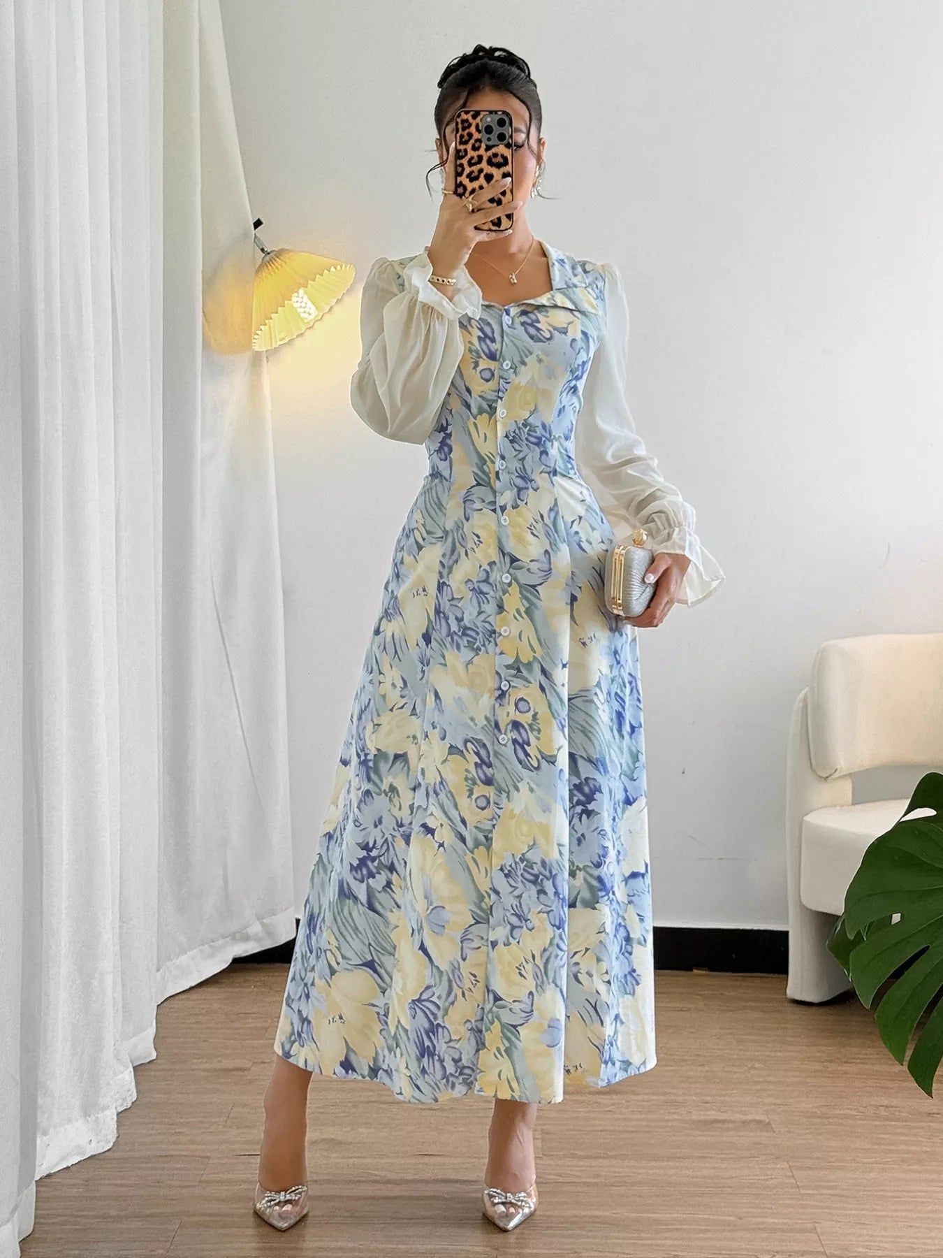 Floral Print Sheer Flounce Sleeves Dress - MAD RUFFI
