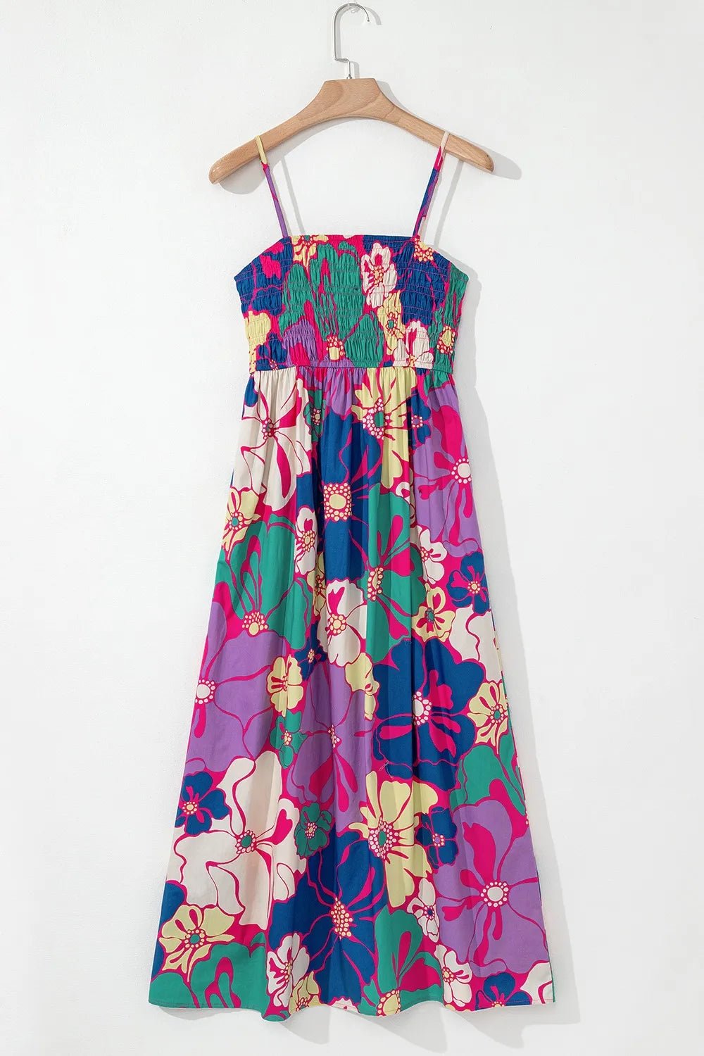 Floral Print Shirred Spaghetti Strap Loose Maxi Dress - MAD RUFFI
