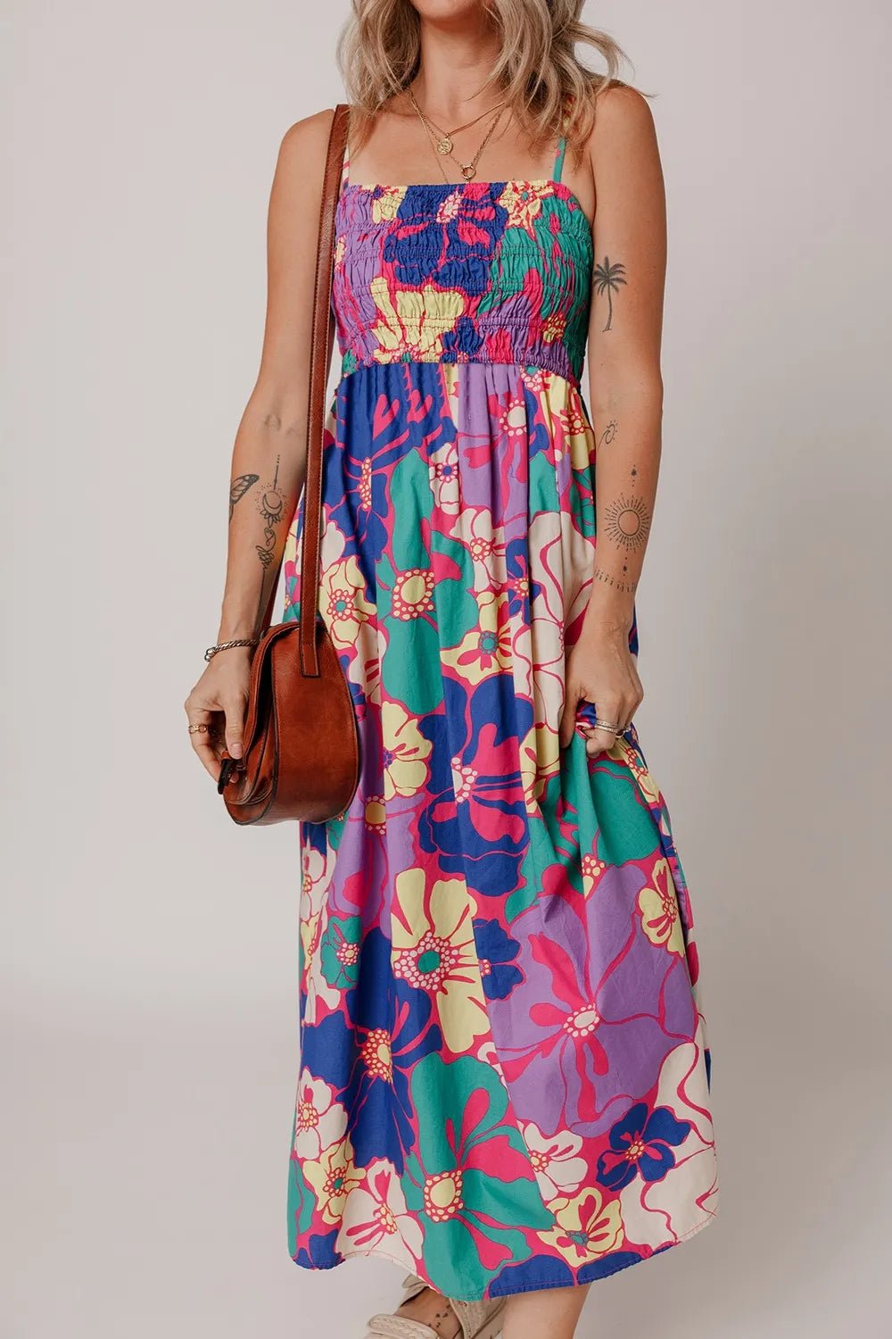 Floral Print Shirred Spaghetti Strap Loose Maxi Dress - MAD RUFFI