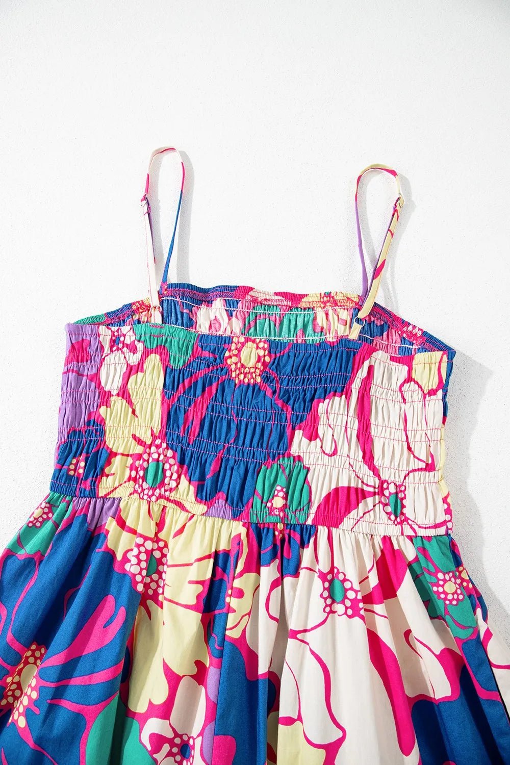 Floral Print Shirred Spaghetti Strap Loose Maxi Dress - MAD RUFFI