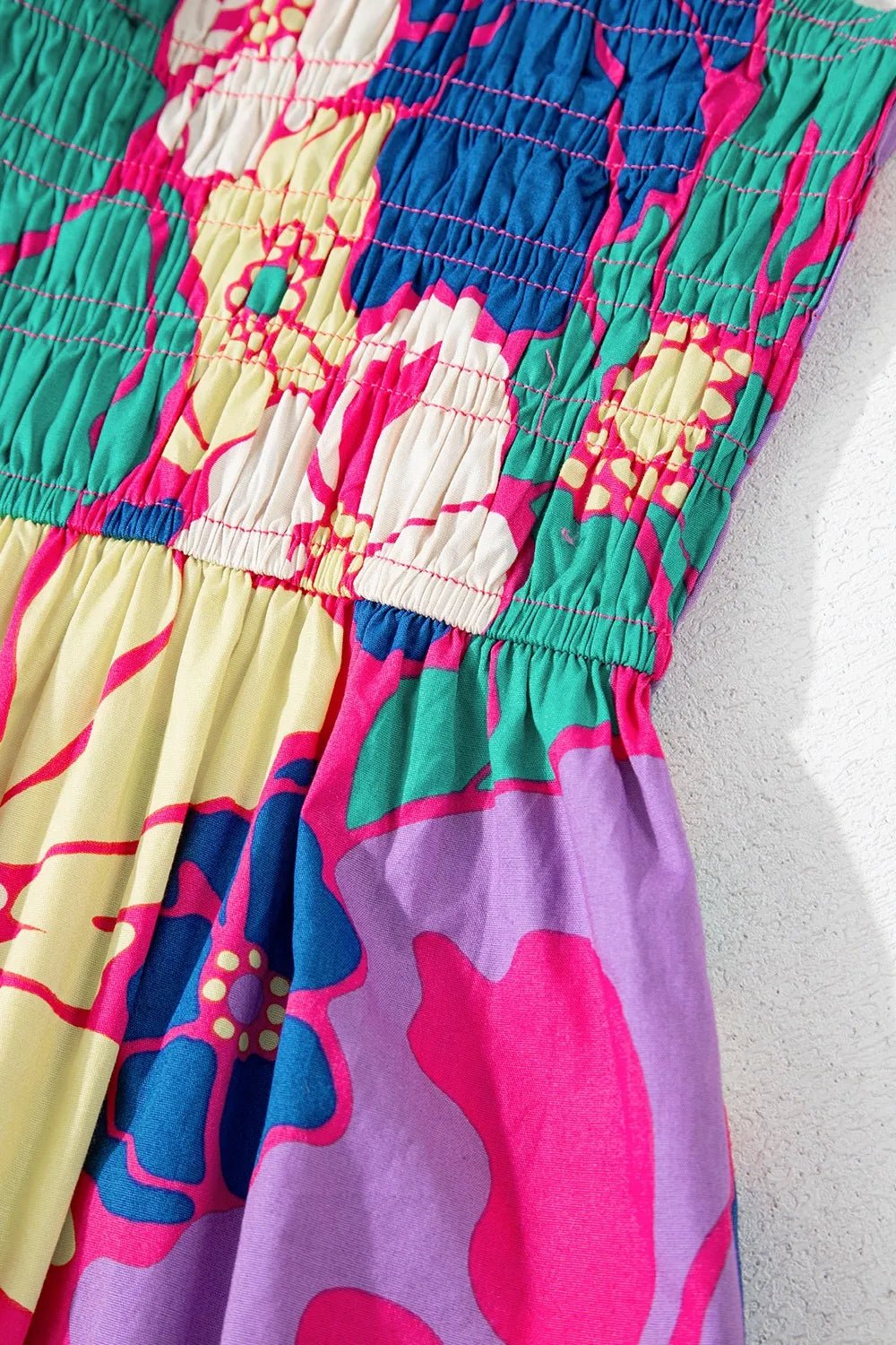 Floral Print Shirred Spaghetti Strap Loose Maxi Dress - MAD RUFFI