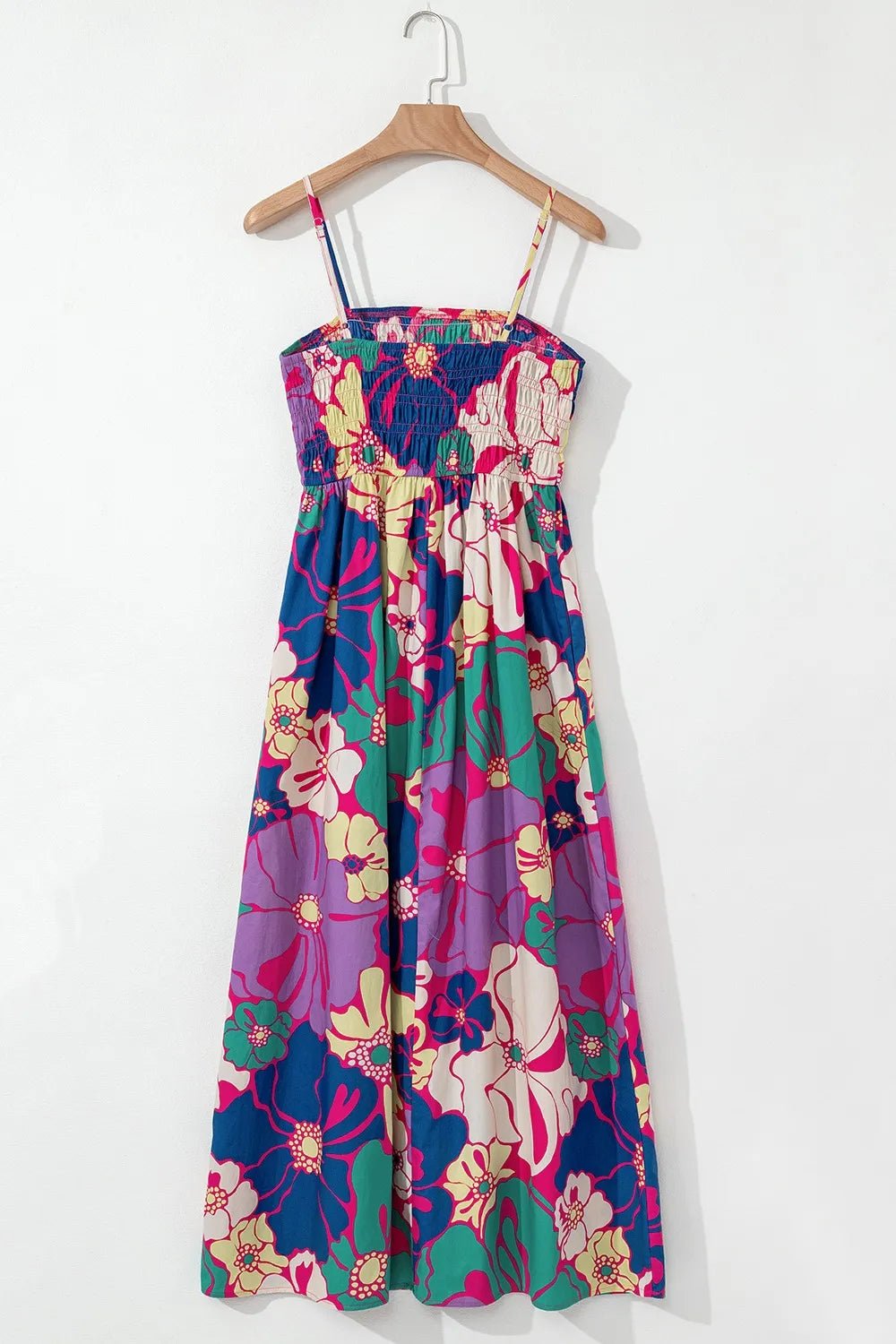 Floral Print Shirred Spaghetti Strap Loose Maxi Dress - MAD RUFFI