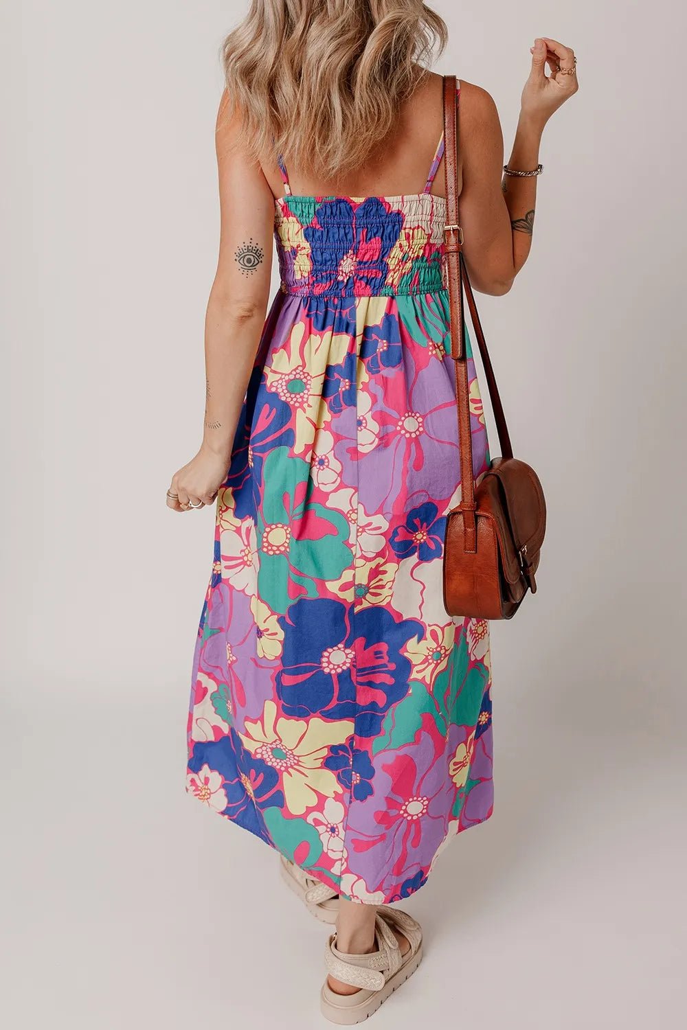Floral Print Shirred Spaghetti Strap Loose Maxi Dress - MAD RUFFI