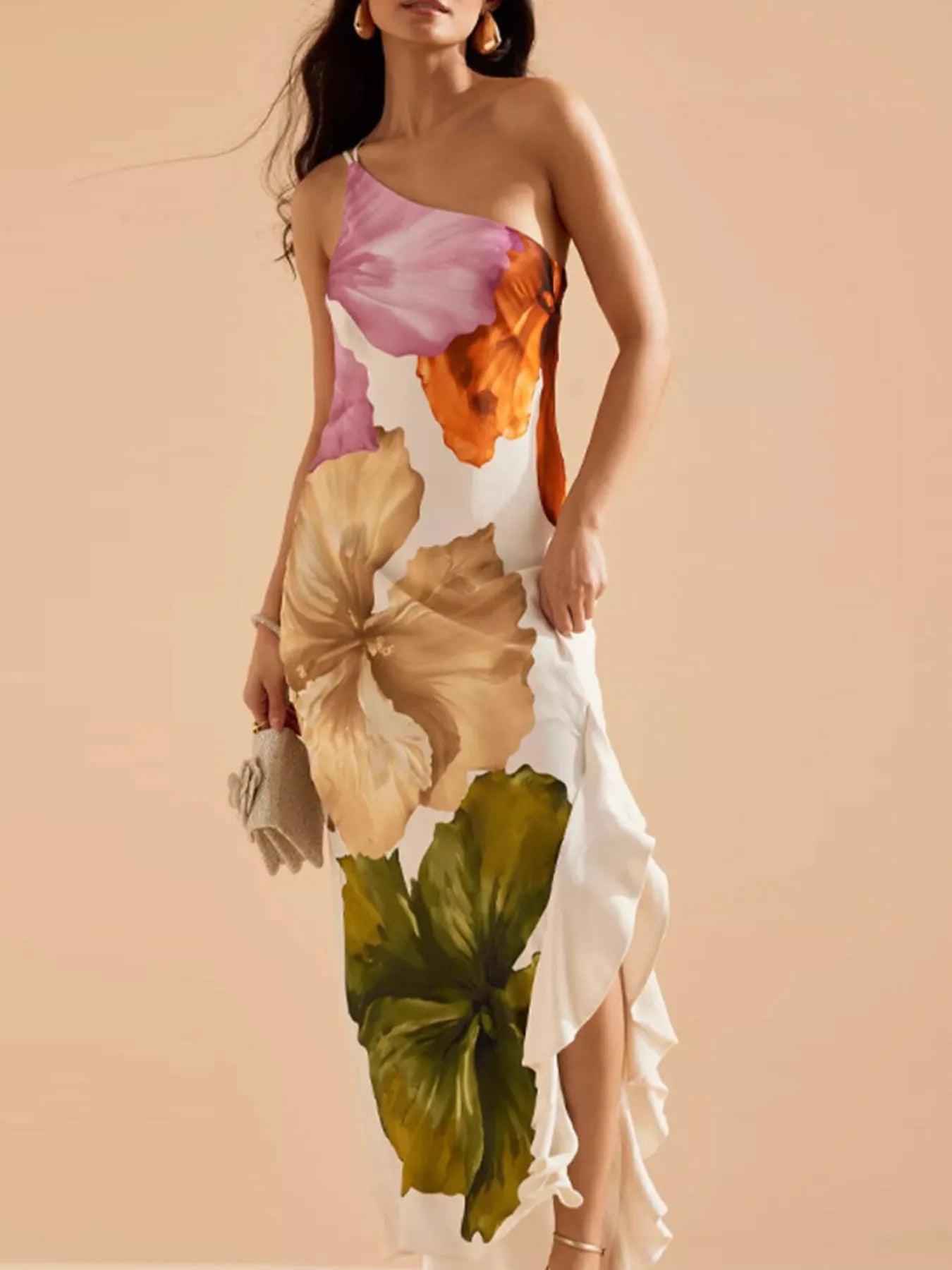 Floral Print Single Shoulder Maxi Dress - MAD RUFFI