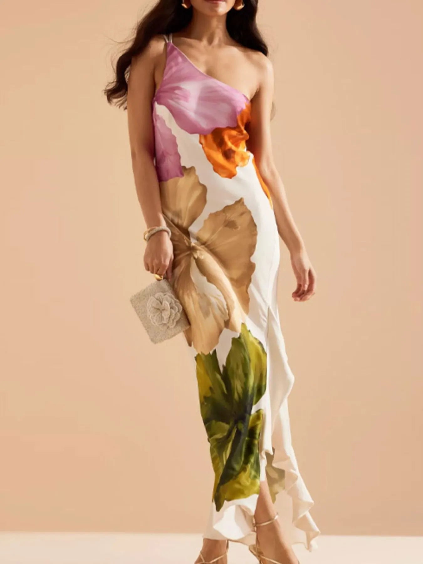 Floral Print Single Shoulder Maxi Dress - MAD RUFFI