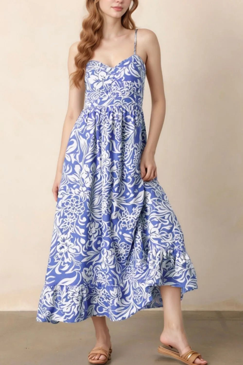 Floral Print Spaghetti Strap High Waist Dress - MAD RUFFI