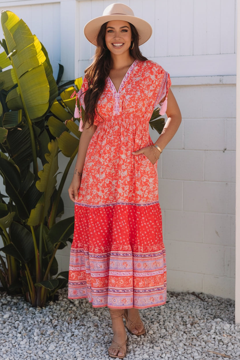 sachin and babi light blue dress Lela Rose V-Neck Floral-Print Sleeveless Empire-Waist Maxi Dress