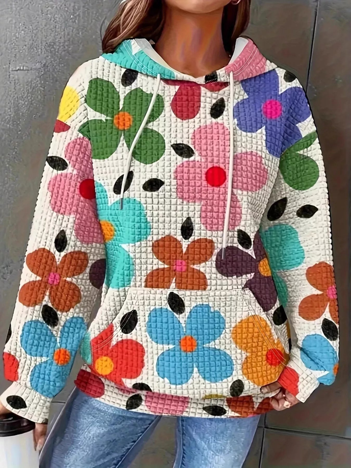 Floral Print Textured Drawstring Hoodie - MAD RUFFI