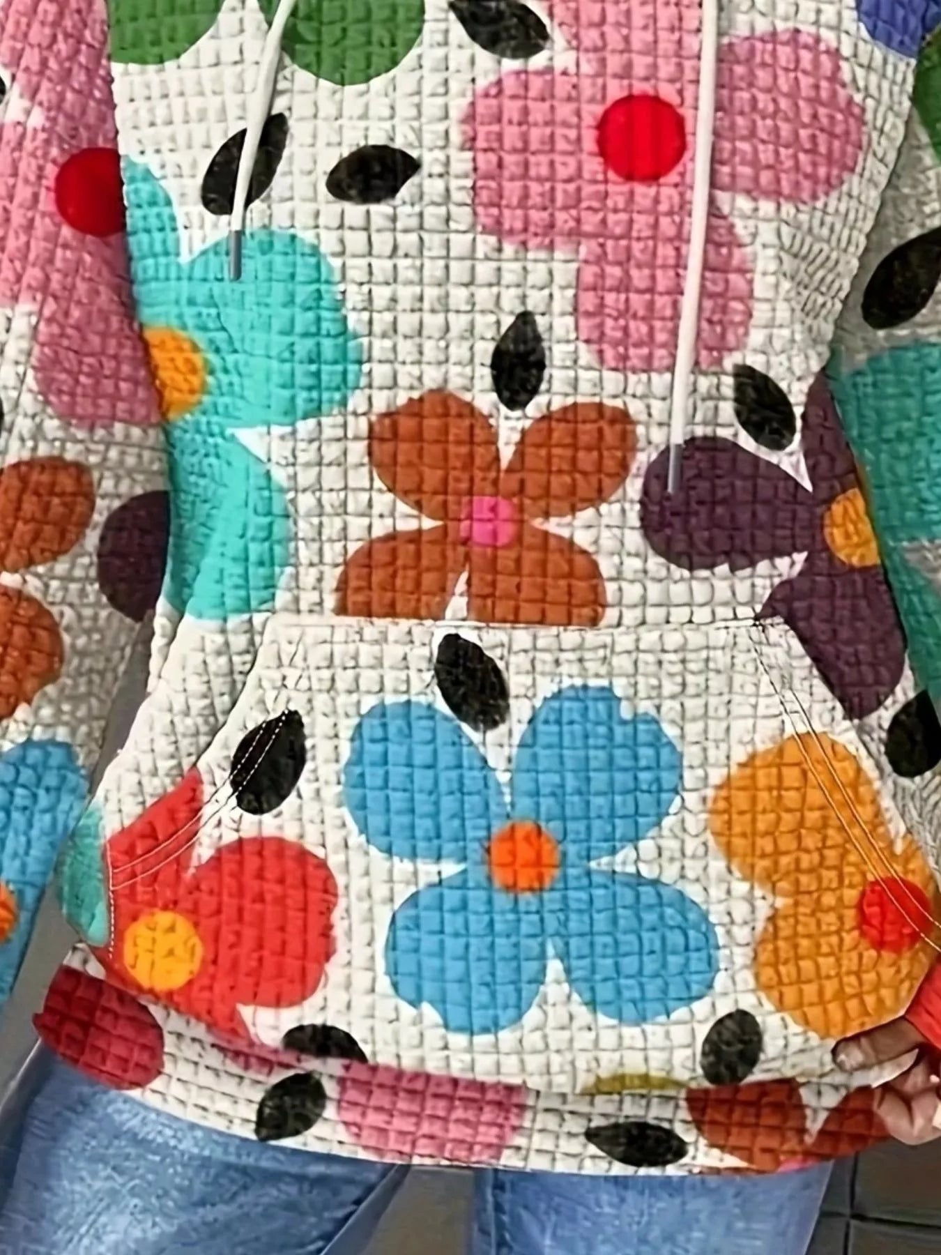 Floral Print Textured Drawstring Hoodie - MAD RUFFI