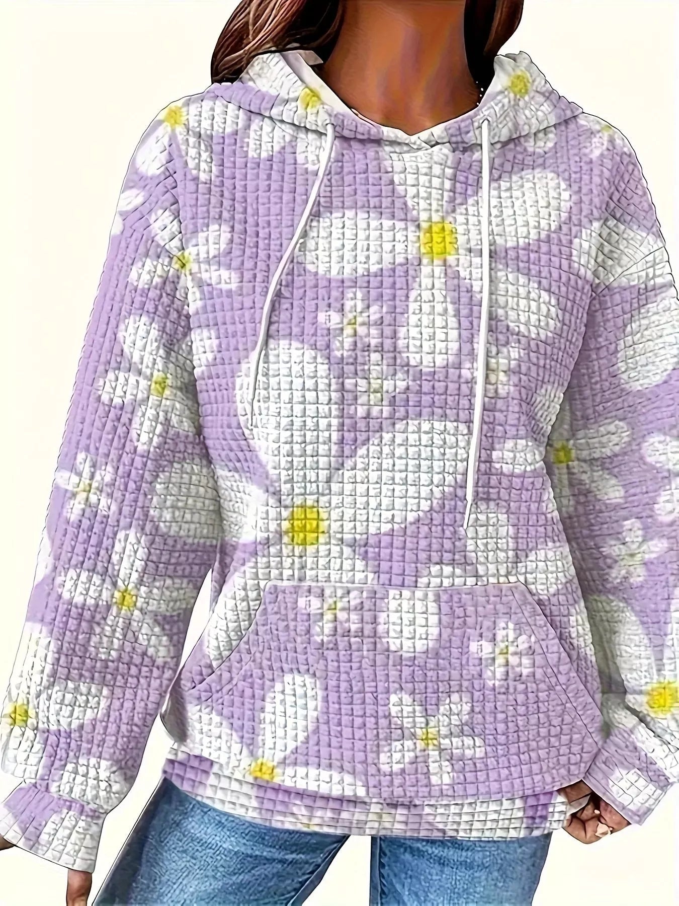 Floral Print Textured Drawstring Hoodie - MAD RUFFI