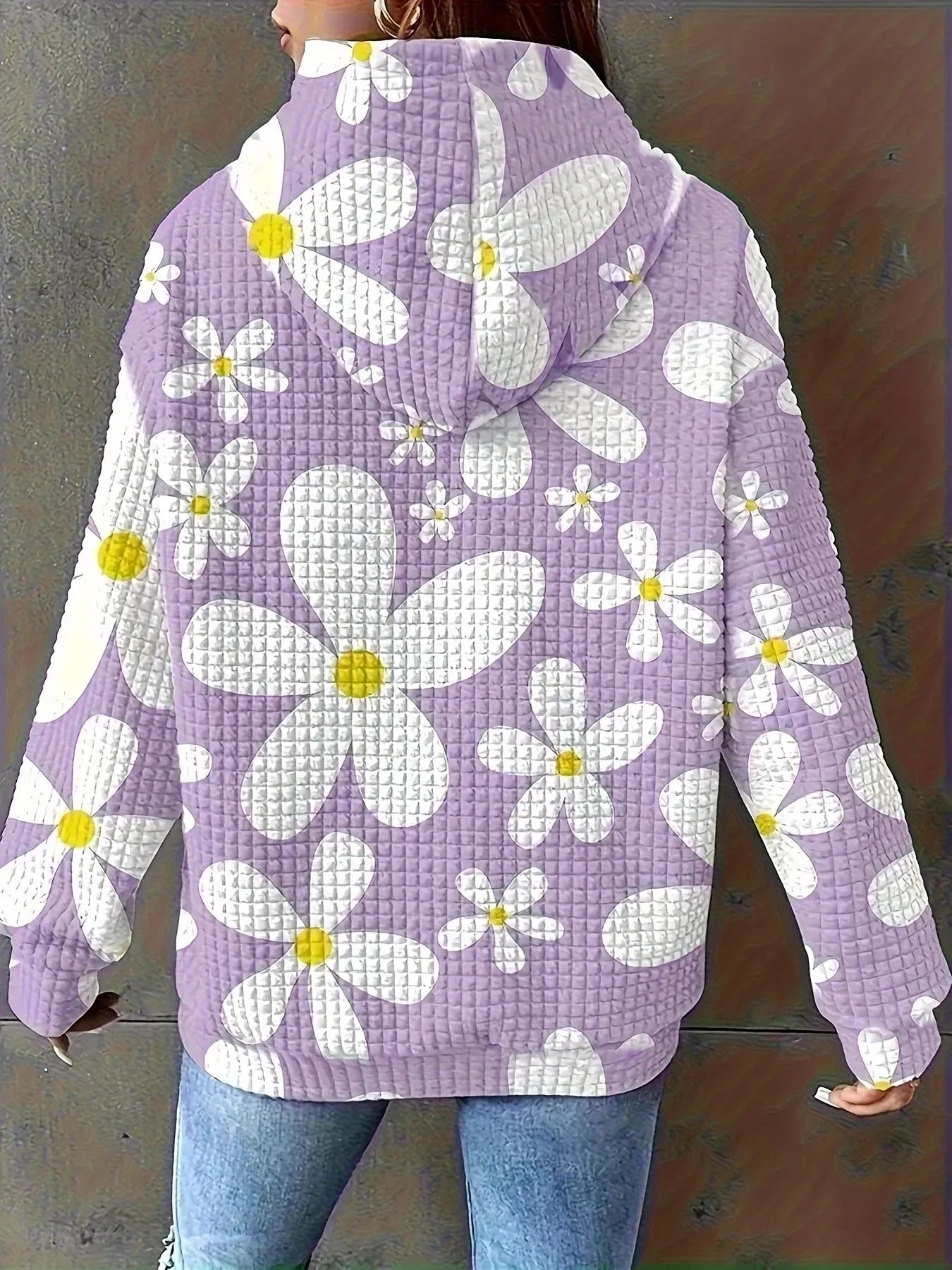 Floral Print Textured Drawstring Hoodie - MAD RUFFI