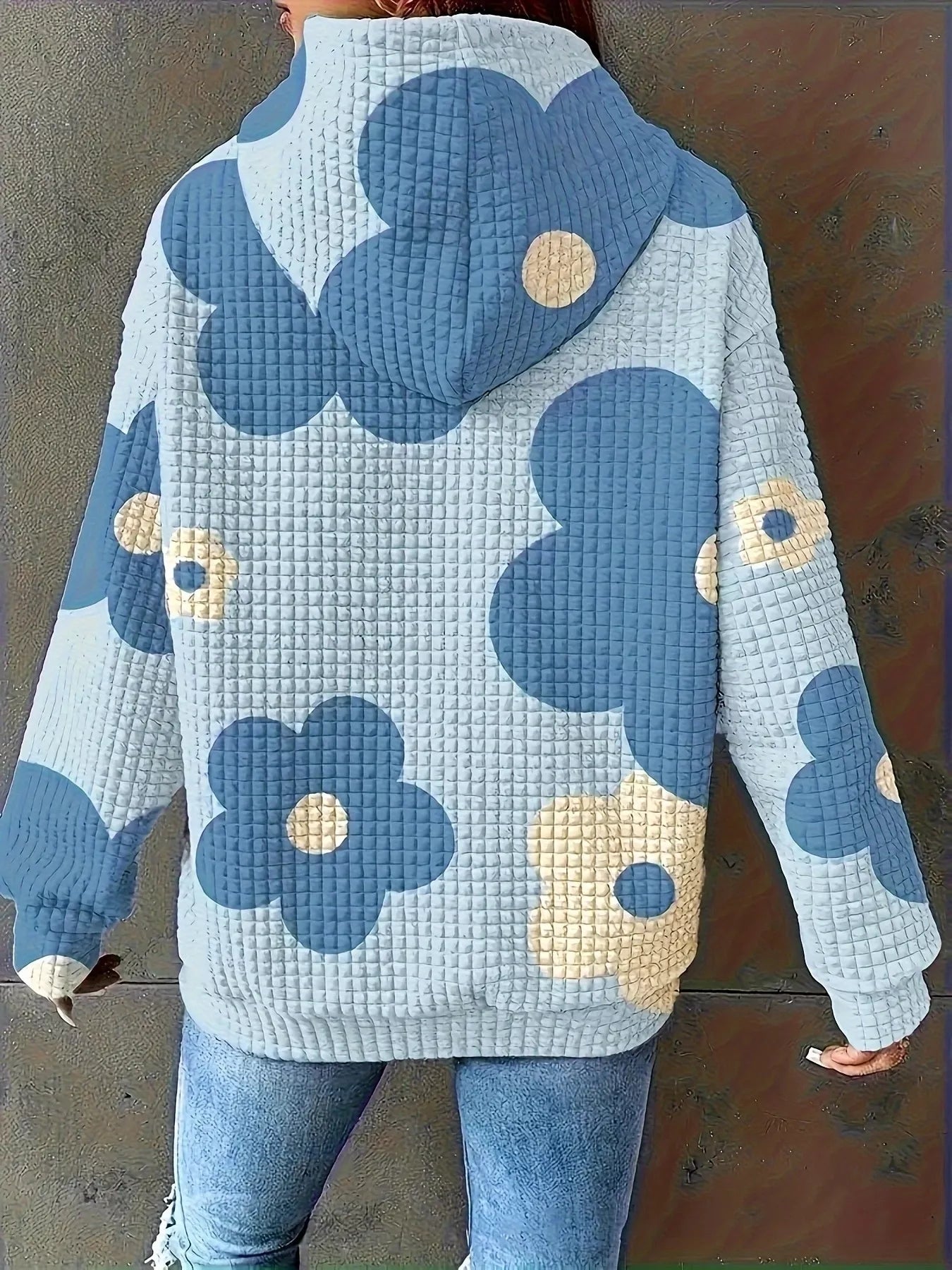 Floral Print Textured Drawstring Hoodie - MAD RUFFI