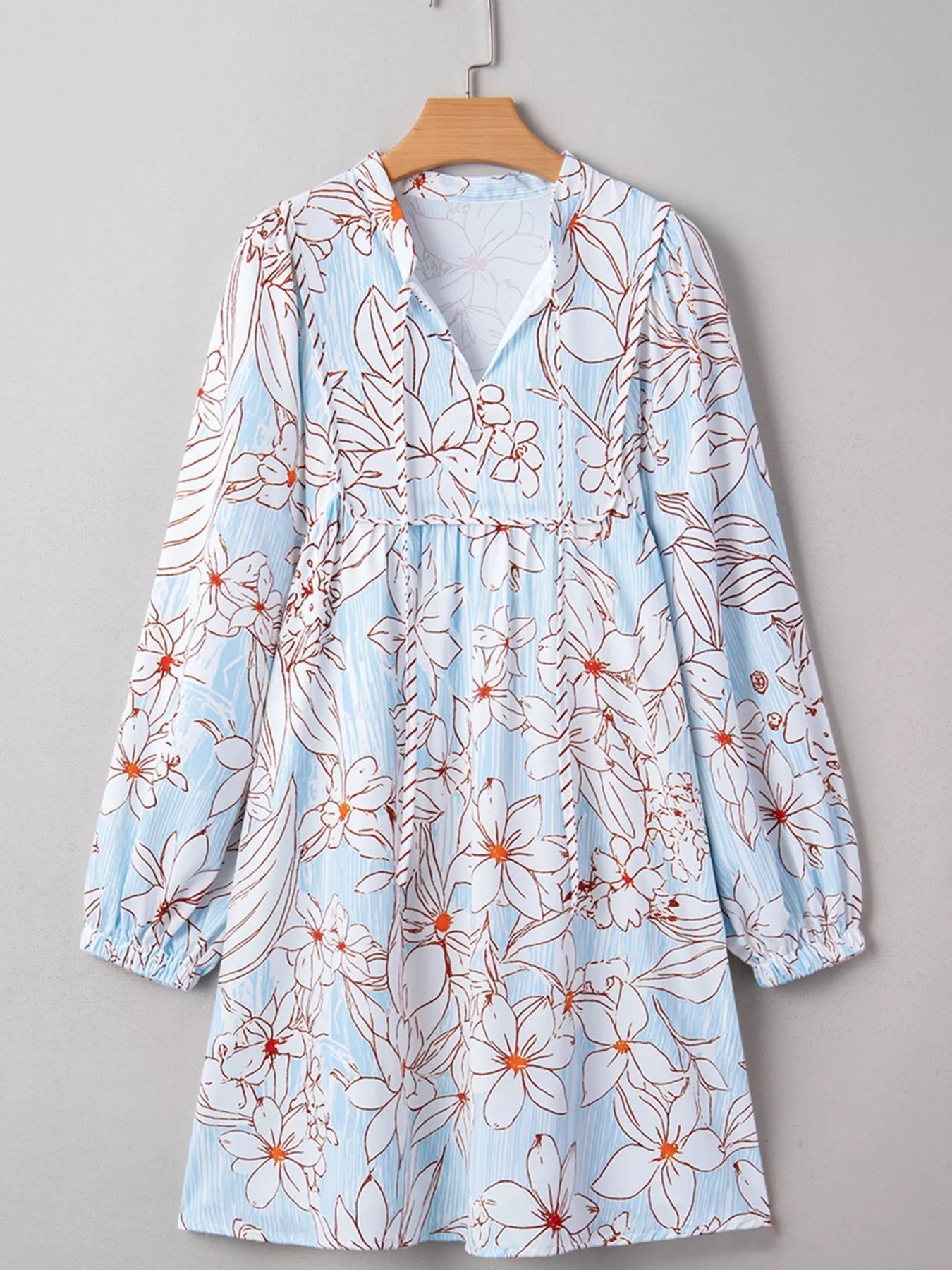 Floral Print Tie Neck Long Sleeve Mini Dress - MAD RUFFI