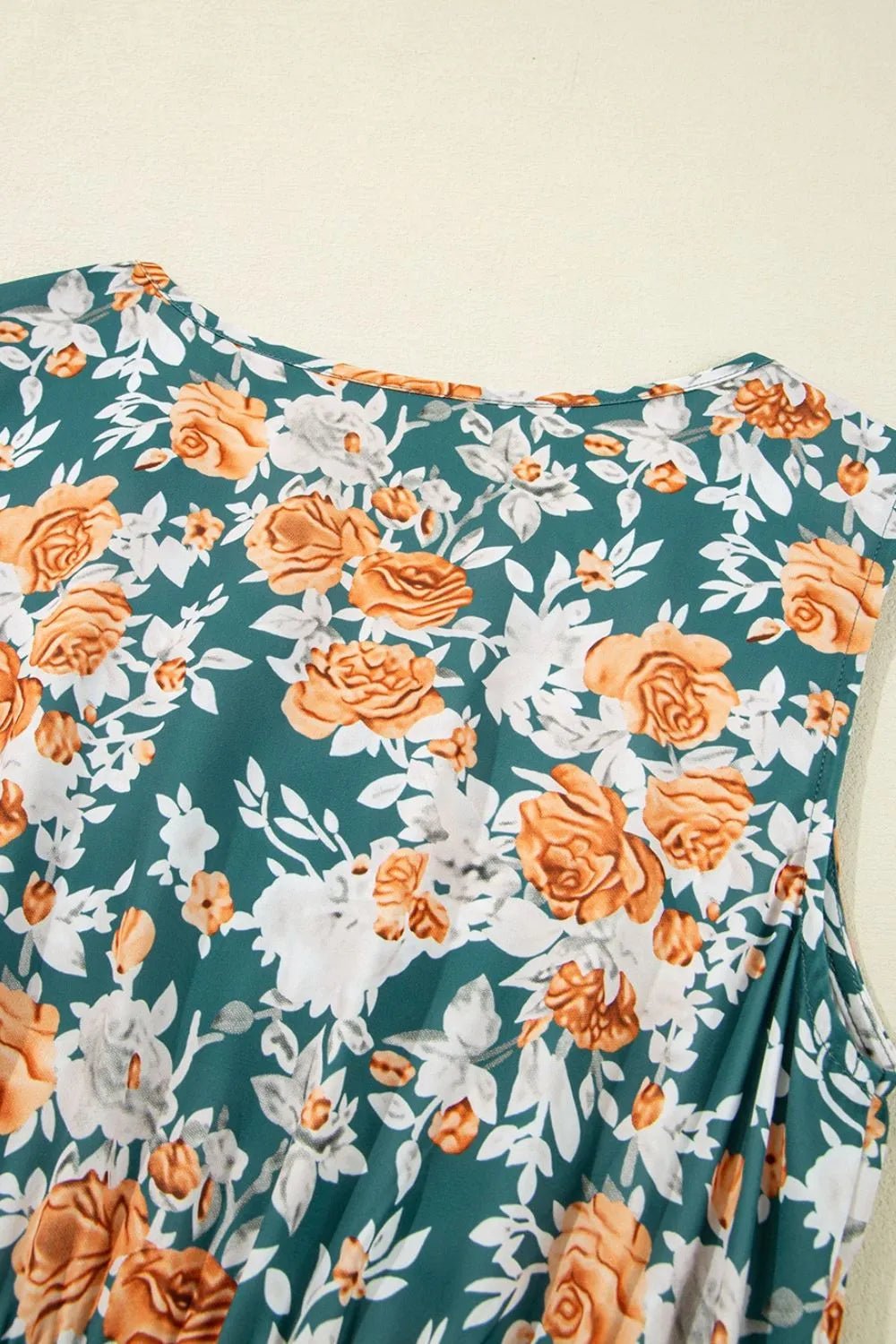 Floral Print Trimmed V Neck Tie Waist Sleeveless Dress - MAD RUFFI