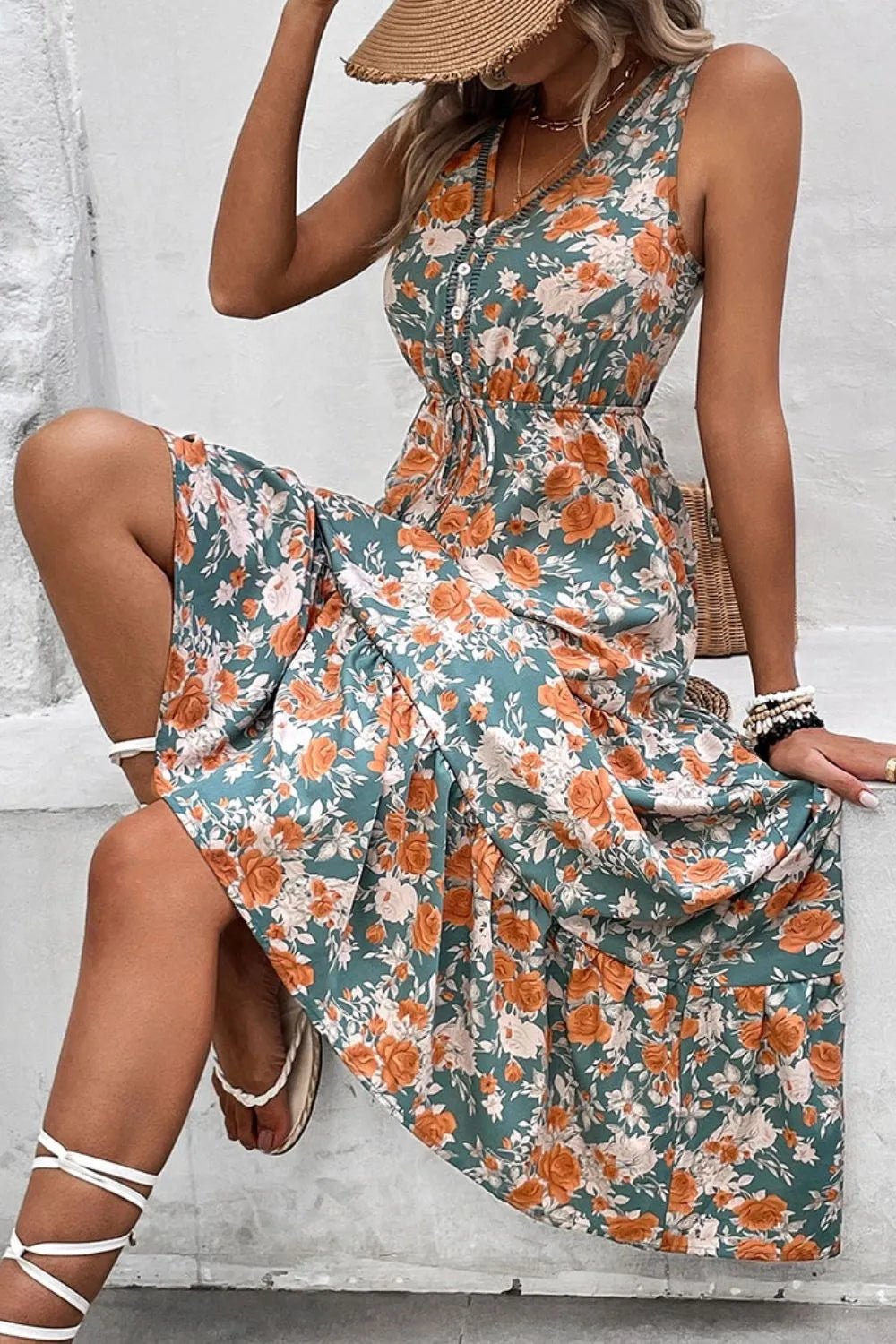 Floral Print Trimmed V Neck Tie Waist Sleeveless Dress - MAD RUFFI