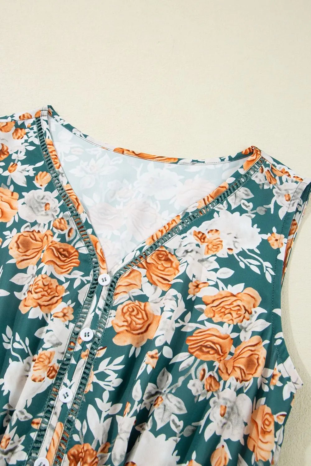 Floral Print Trimmed V Neck Tie Waist Sleeveless Dress - MAD RUFFI