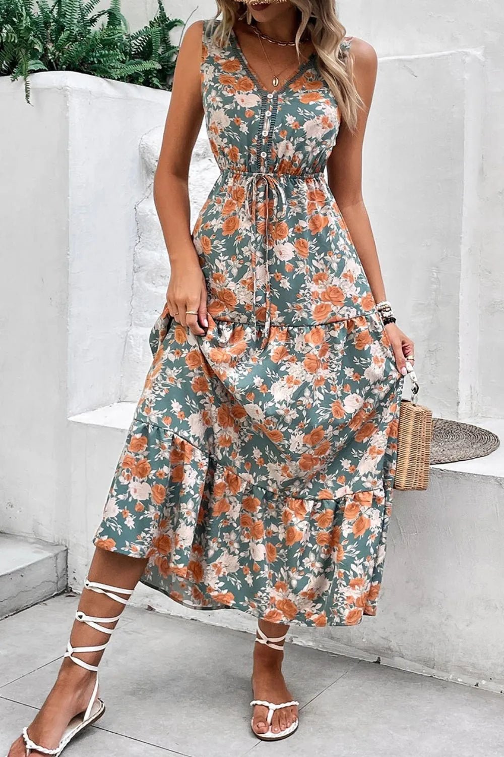 Floral Print Trimmed V Neck Tie Waist Sleeveless Dress - MAD RUFFI