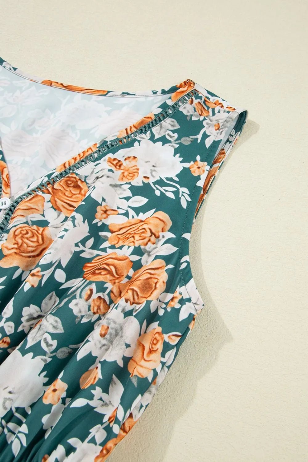 Floral Print Trimmed V Neck Tie Waist Sleeveless Dress - MAD RUFFI