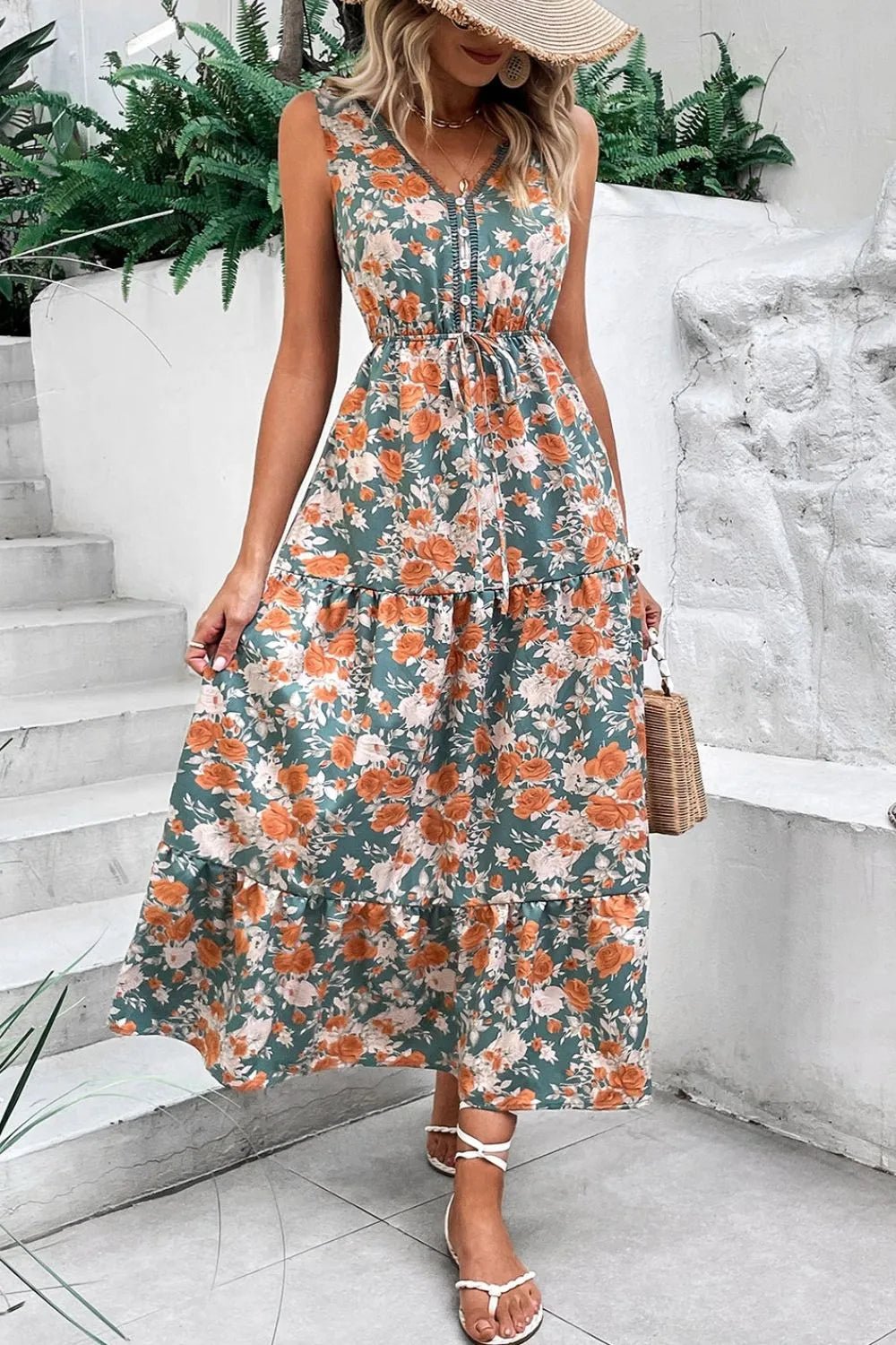 Floral Print Trimmed V Neck Tie Waist Sleeveless Dress - MAD RUFFI