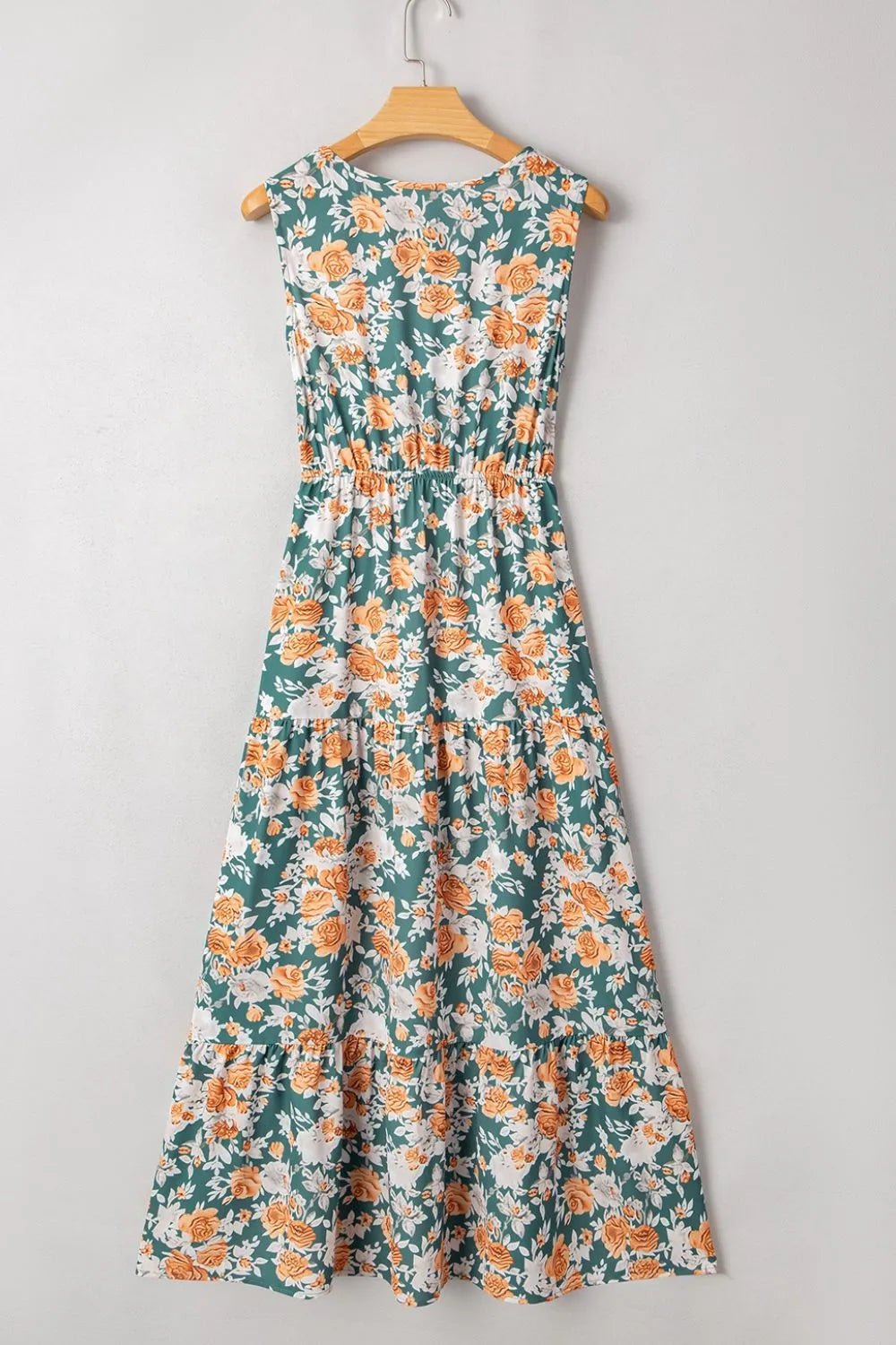Floral Print Trimmed V Neck Tie Waist Sleeveless Dress - MAD RUFFI