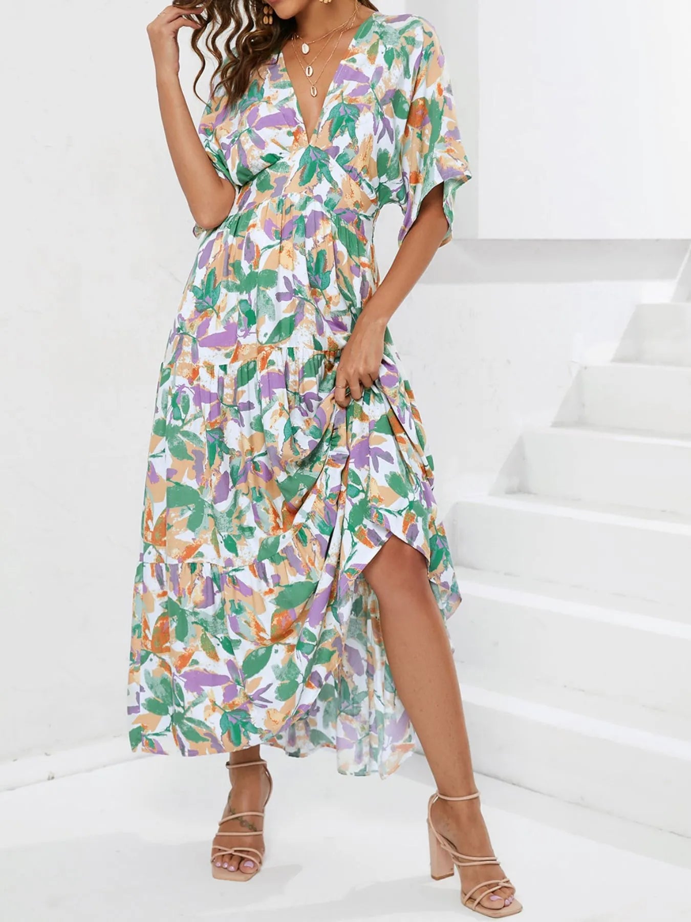 Floral Print V - neck Boho Midi Dress - MAD RUFFI