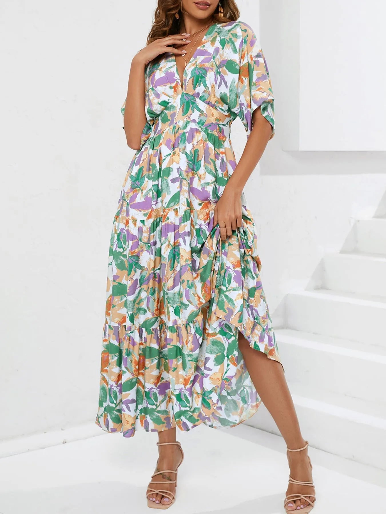 Floral Print V - neck Boho Midi Dress - MAD RUFFI