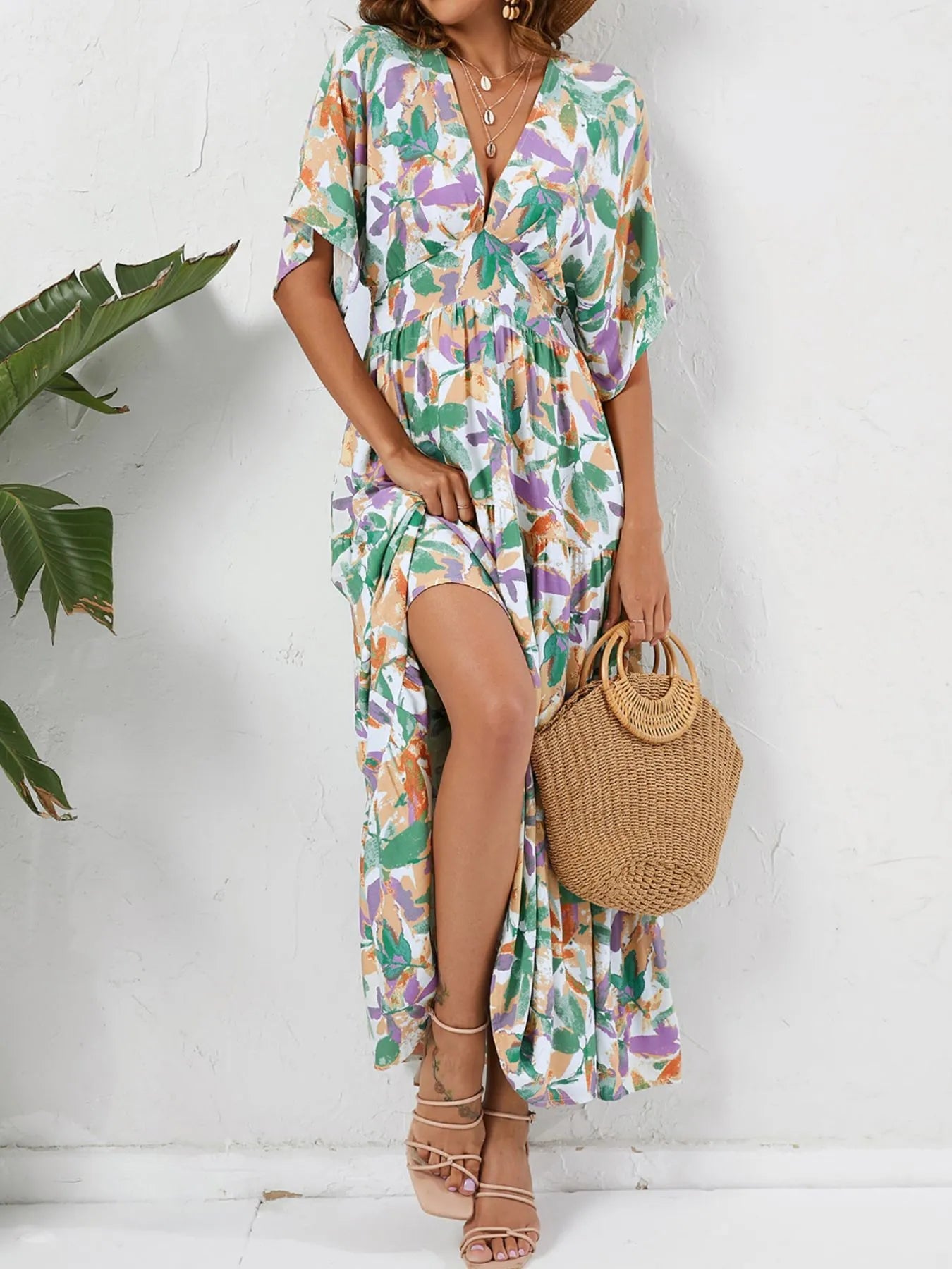 Floral Print V - neck Boho Midi Dress - MAD RUFFI
