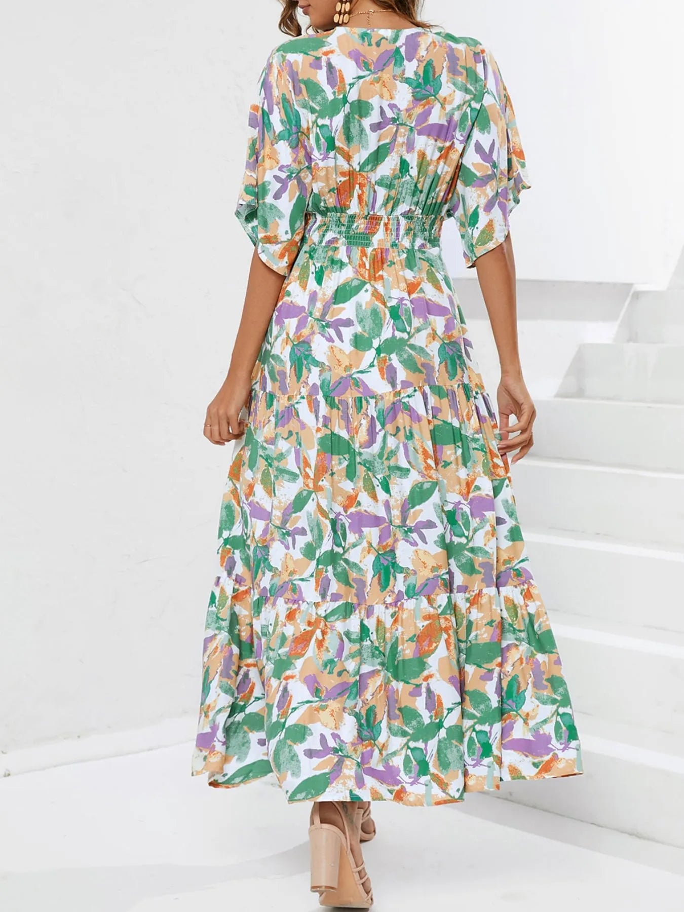 Floral Print V - neck Boho Midi Dress - MAD RUFFI