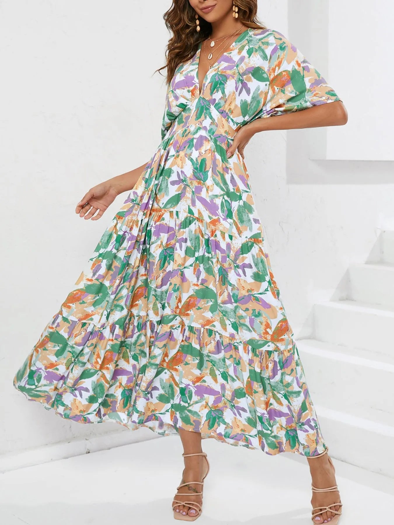 Floral Print V - neck Boho Midi Dress - MAD RUFFI